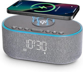Wireless Charging Alarm Clock Radio: Qi Certified Fast Wireless Charger for iPhone Samsung - 10W Stereo Bluetooth Speaker - Dimmable Digital Clock with FM Radio for Bedroom Gray