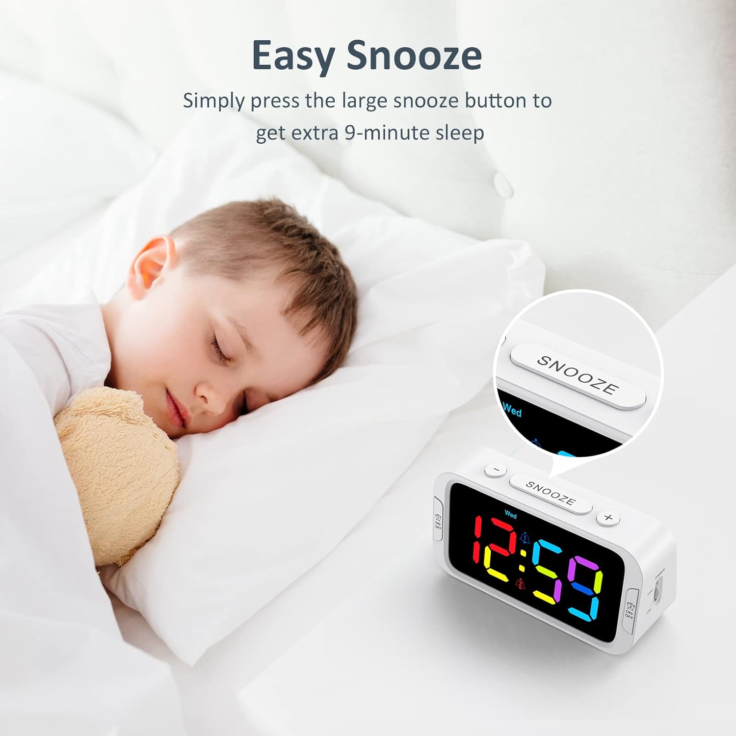Digital Dual Alarm Clock for Bedroom, Easy to Set, 0-100% Dimmer, USB Charger, 5 Sound Adjustable Volume, Weekday/Weekend Mode, Snooze, 12/24Hr, Battery Backup, Compact Clock for Bedside(White)