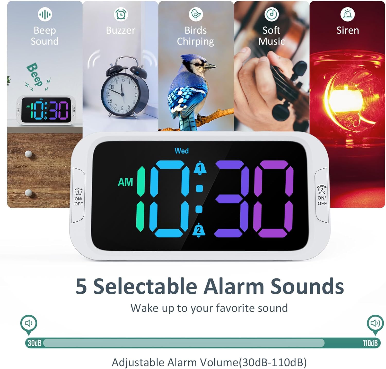 Digital Dual Alarm Clock for Bedroom: RGB Electric Clock with USB Charger for Kids Teens - Dimmable Clock with Weekday Weekend Mode for Bedside Desk