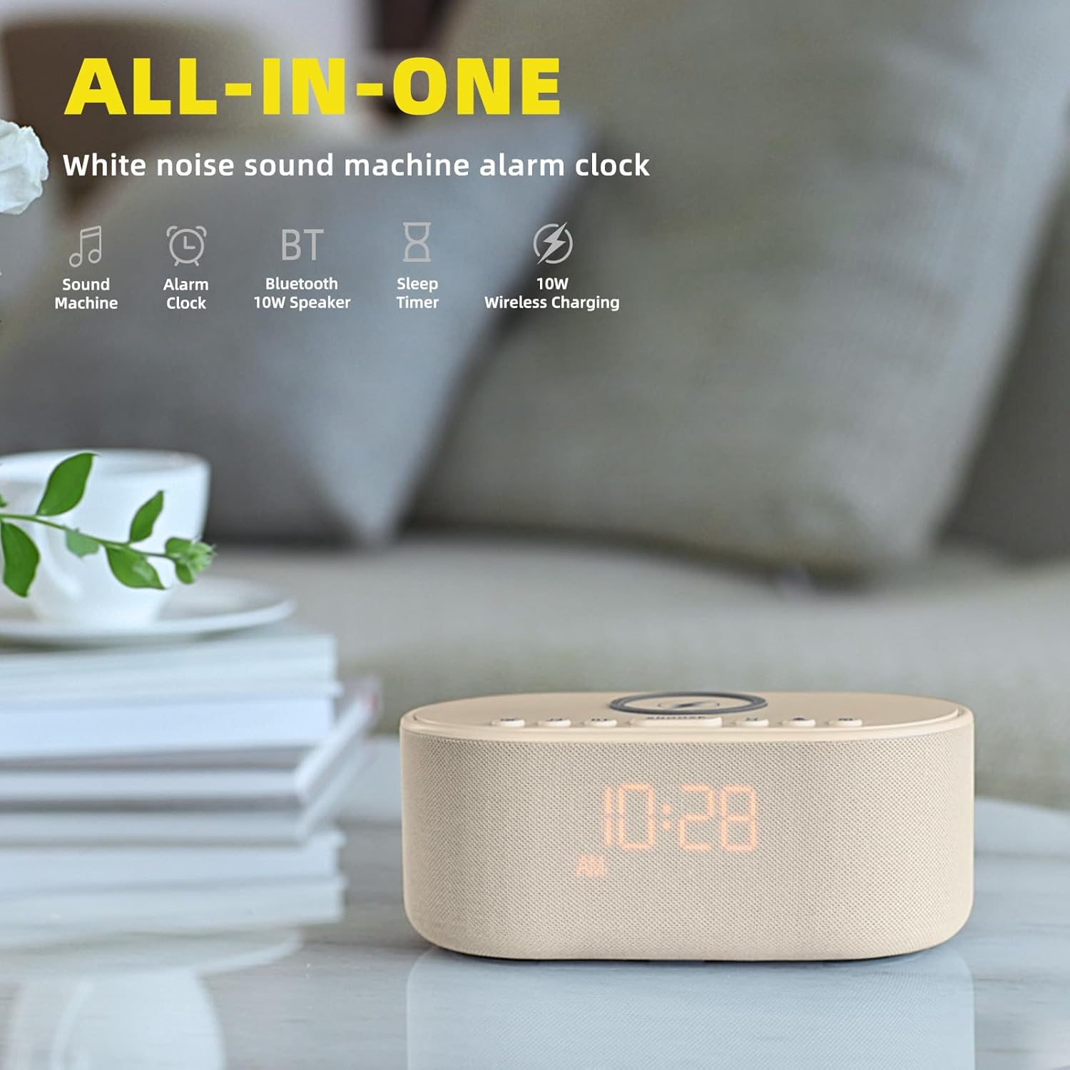 Sound Machine Alarm Clock Wireless Charger: Bluetooth 10W Stereo Sound Speaker Bedroom - White Noise Machine for Sleeping with 21 Soothing Sounds