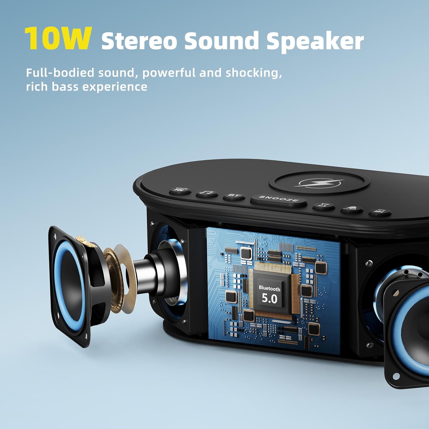 Sound Machine Alarm Clock Wireless Charger: Bluetooth 10W Stereo Sound Speaker Bedroom - White Noise Machine for Sleeping with 21 Soothing Sounds