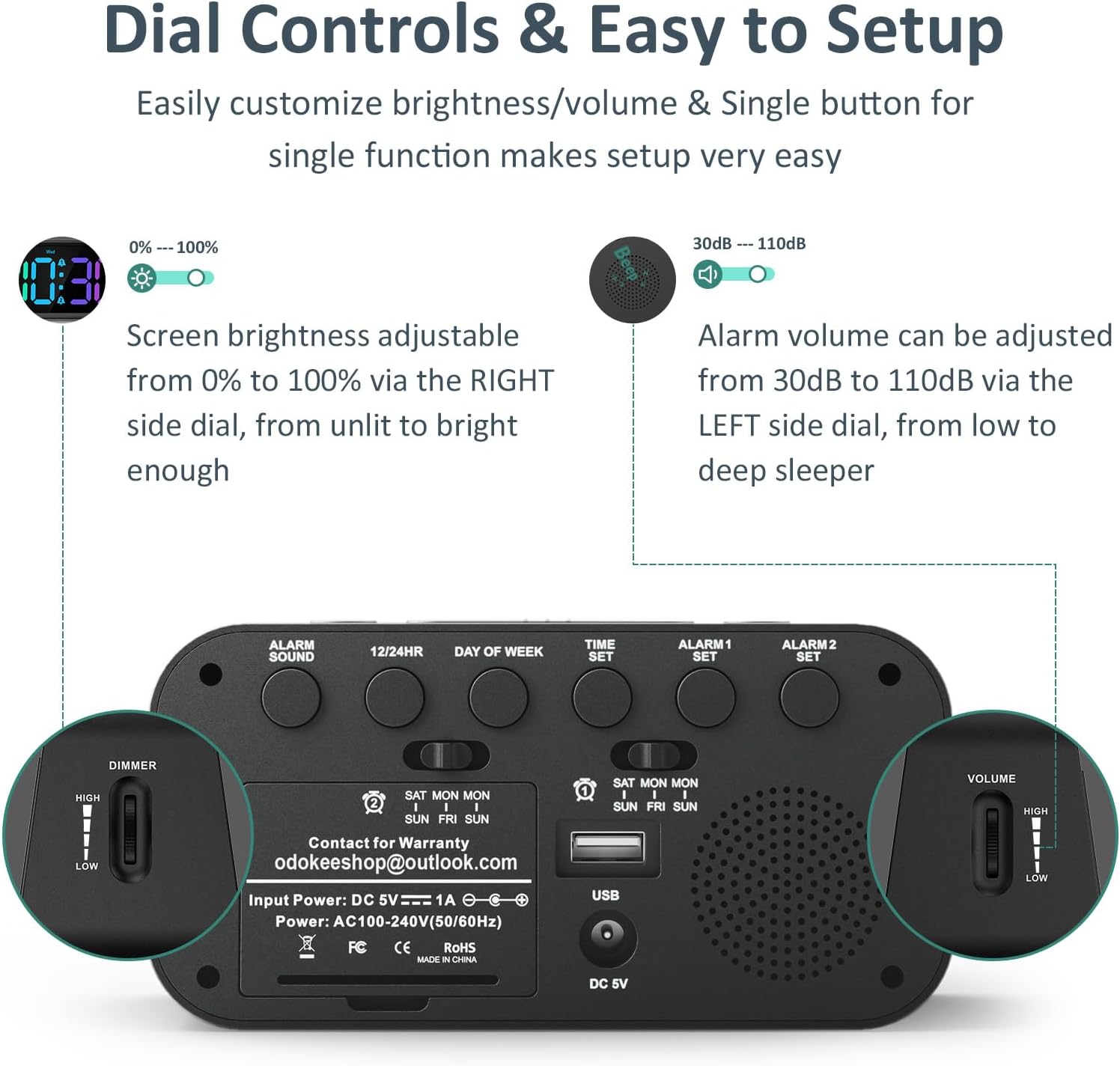 Digital Dual Alarm Clock for Bedroom: RGB Electric Clock with USB Charger for Kids Teens - Dimmable Clock with Weekday Weekend Mode for Bedside Desk