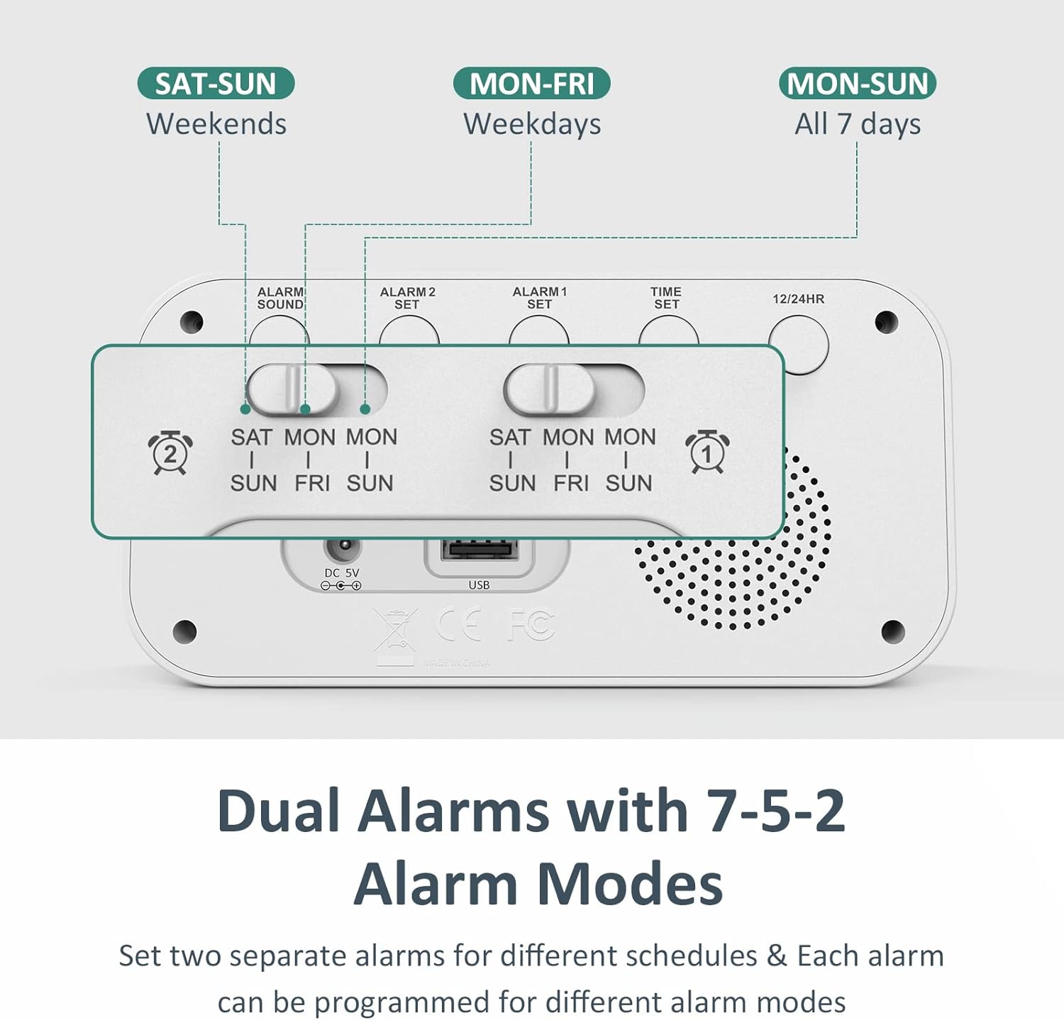Digital Dual Alarm Clock for Bedroom: RGB Electric Clock with USB Charger for Kids Teens - Dimmable Clock with Weekday Weekend Mode for Bedside Desk