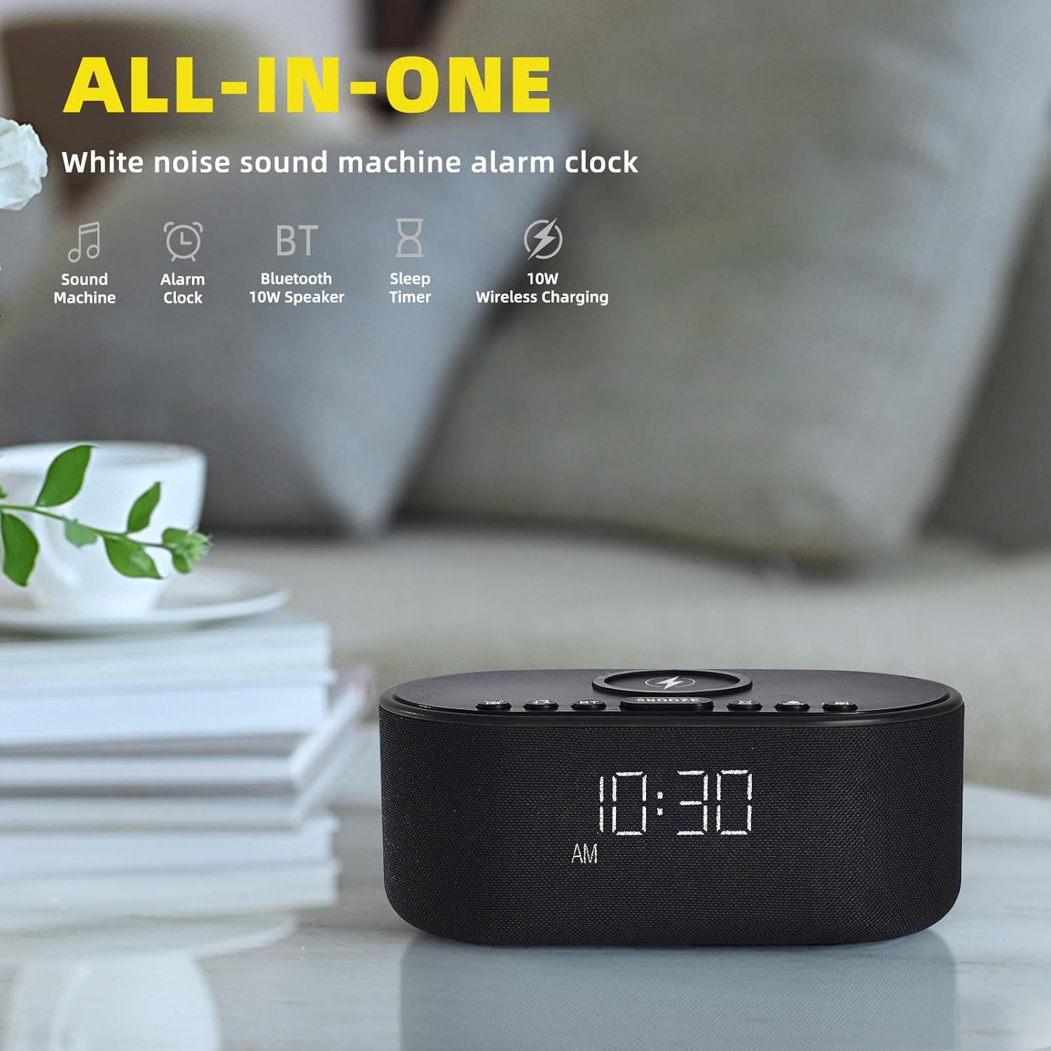 Sound Machine Alarm Clock Wireless Charger: Bluetooth 10W Stereo Sound Speaker Bedroom - White Noise Machine for Sleeping with 21 Soothing Sounds
