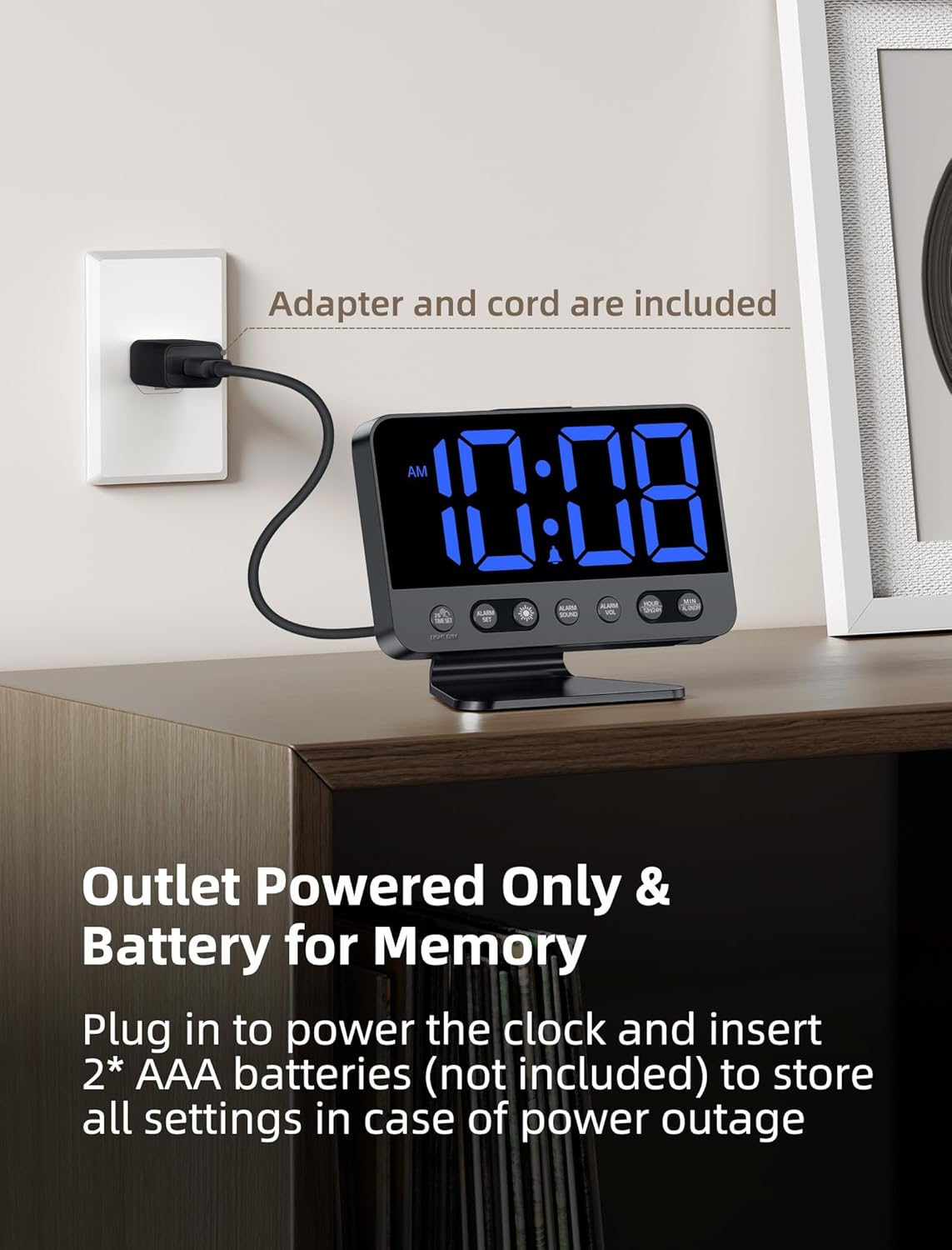 Digital Alarm Clocks for Bedrooms: Large Bold Number 5 Brightness Dimmer - Easy to Read Across The Room - 5 Alarm Sound 8 Night Light - Silver