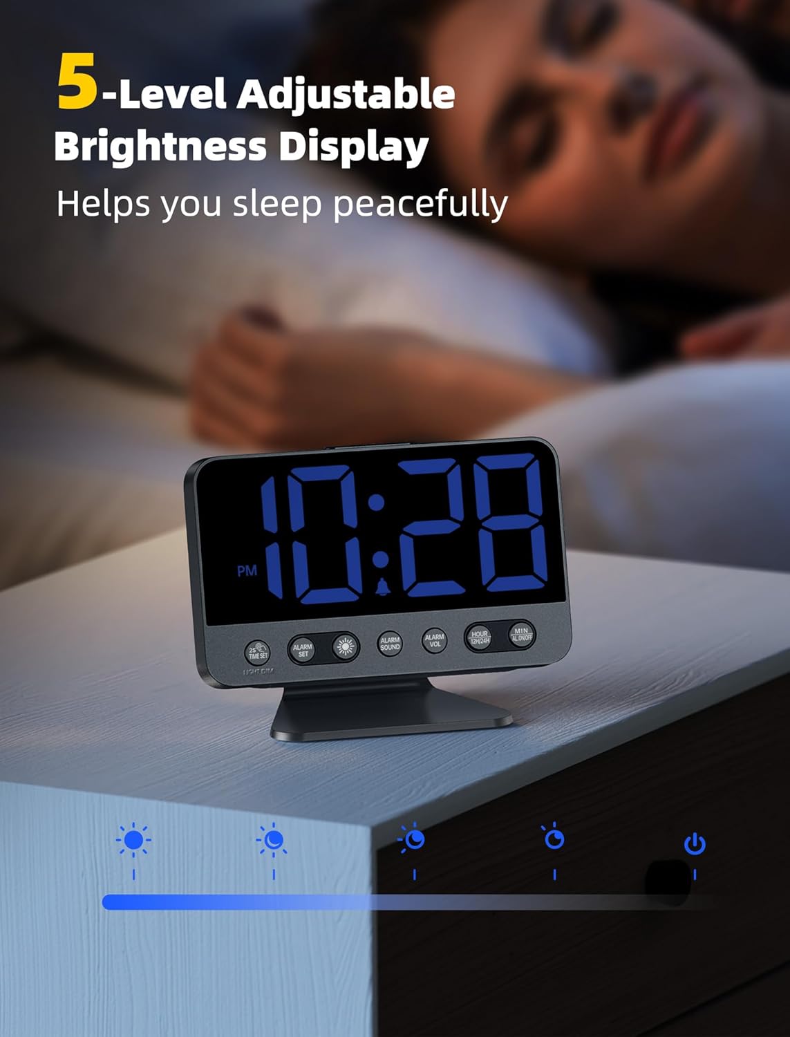 Digital Alarm Clocks for Bedrooms: Large Bold Number 5 Brightness Dimmer - Easy to Read Across The Room - 5 Alarm Sound 8 Night Light - Silver