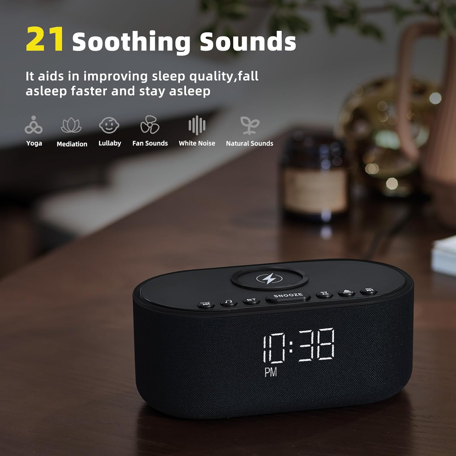 Sound Machine Alarm Clock Wireless Charger: Bluetooth 10W Stereo Sound Speaker Bedroom - White Noise Machine for Sleeping with 21 Soothing Sounds