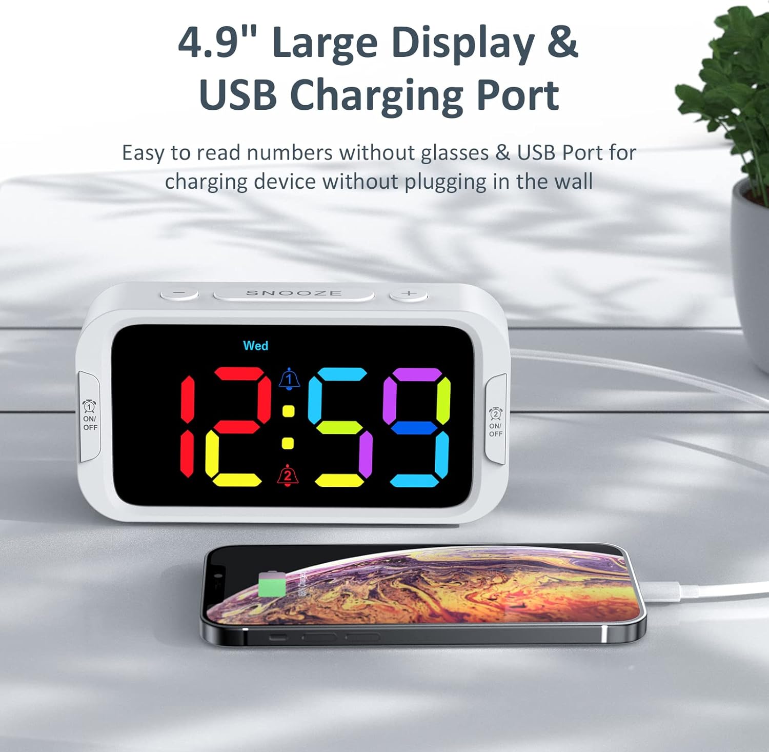 Digital Dual Alarm Clock for Bedroom: RGB Electric Clock with USB Charger for Kids Teens - Dimmable Clock with Weekday Weekend Mode for Bedside Desk