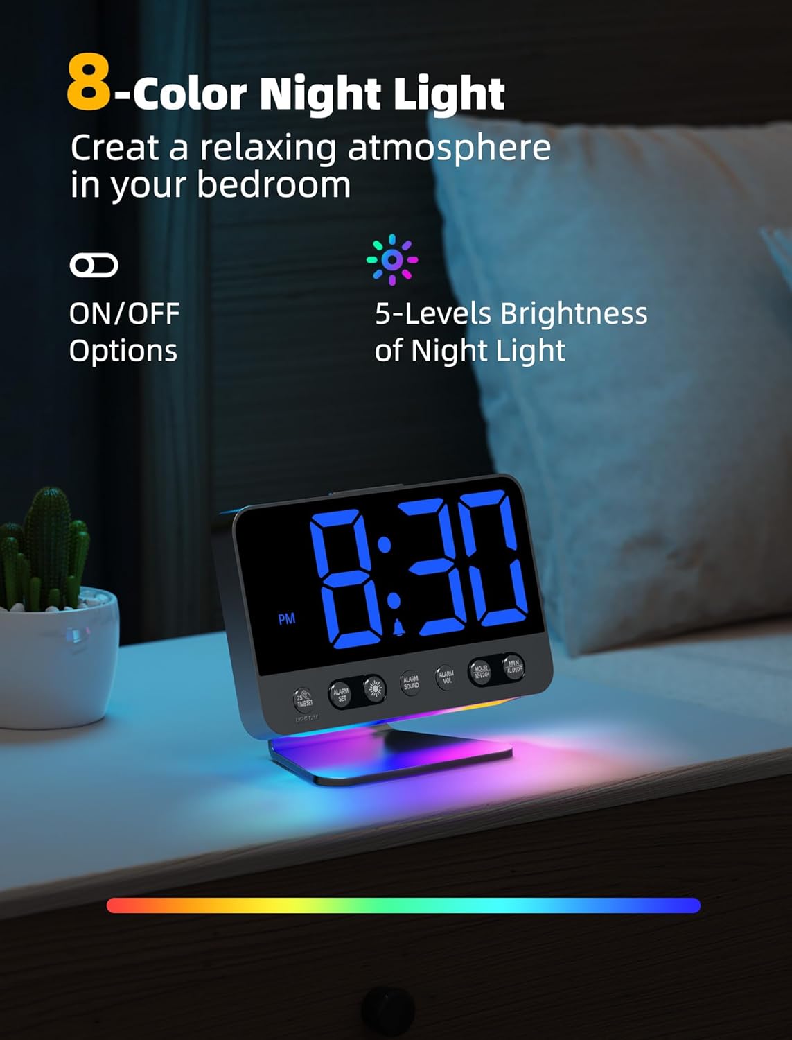 Digital Alarm Clocks for Bedrooms: Large Bold Number 5 Brightness Dimmer - Easy to Read Across The Room - 5 Alarm Sound 8 Night Light - Silver