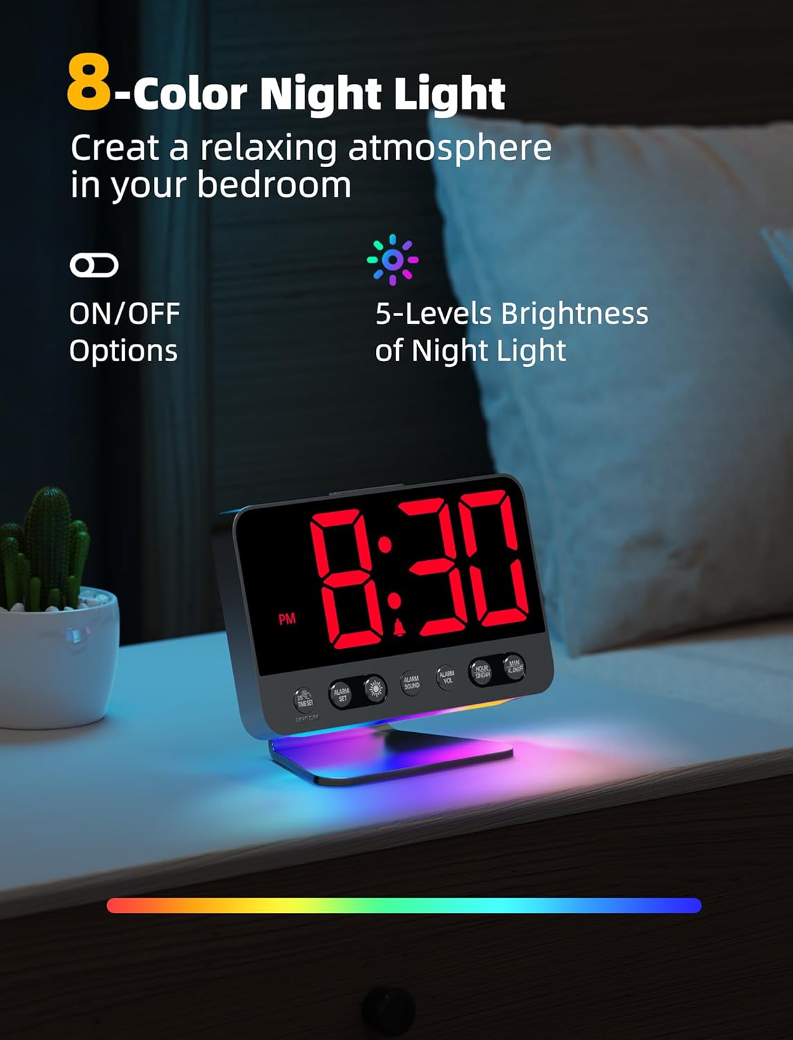Digital Alarm Clocks for Bedrooms: Large Bold Number 5 Brightness Dimmer - Easy to Read Across The Room - 5 Alarm Sound 8 Night Light - Silver