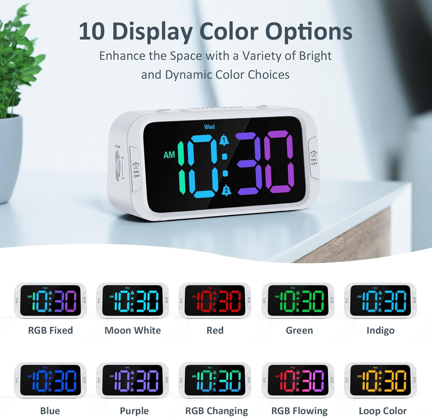 Digital Dual Alarm Clock for Bedroom: RGB Electric Clock with USB Charger for Kids Teens - Dimmable Clock with Weekday Weekend Mode for Bedside Desk