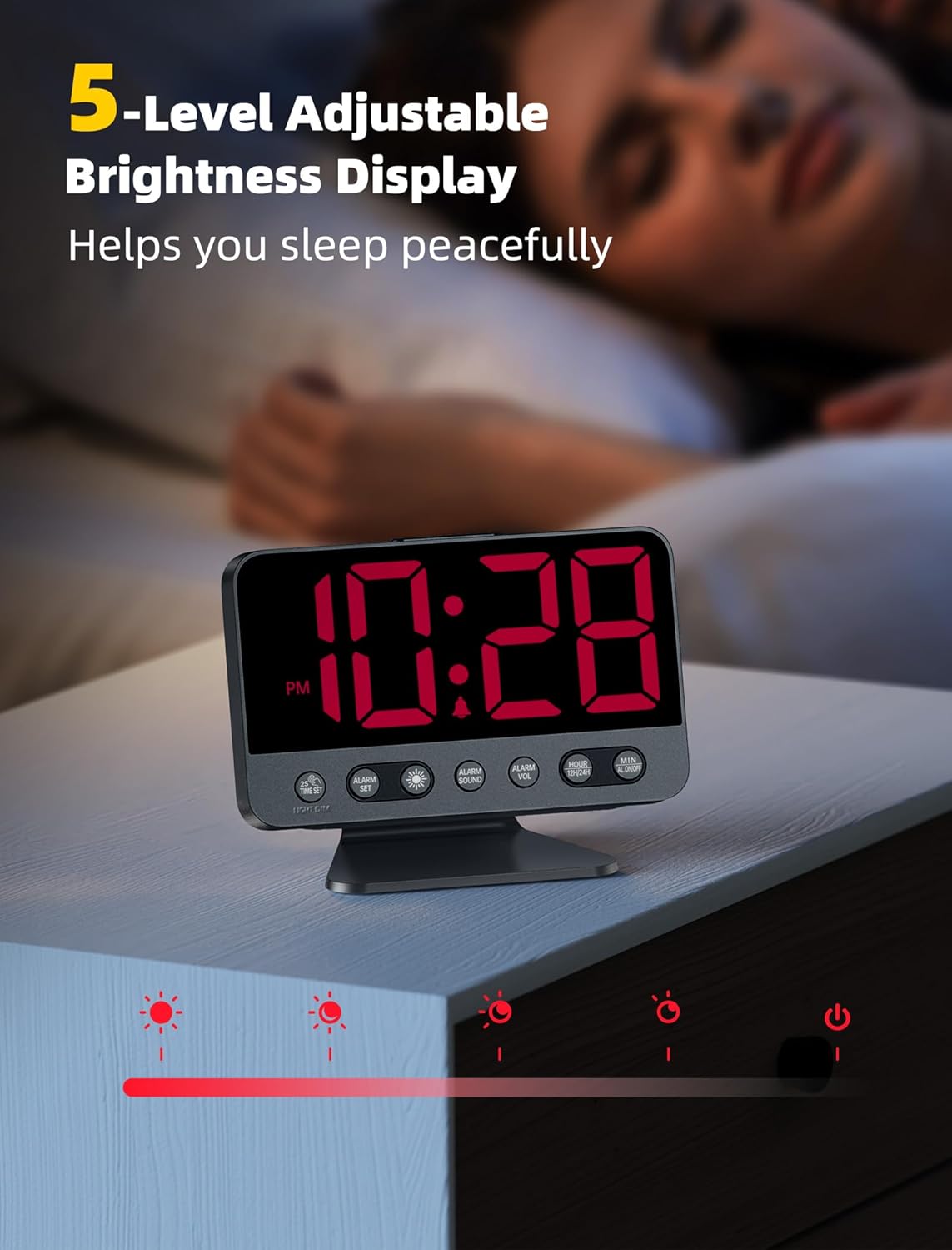 Digital Alarm Clocks for Bedrooms: Large Bold Number 5 Brightness Dimmer - Easy to Read Across The Room - 5 Alarm Sound 8 Night Light - Silver
