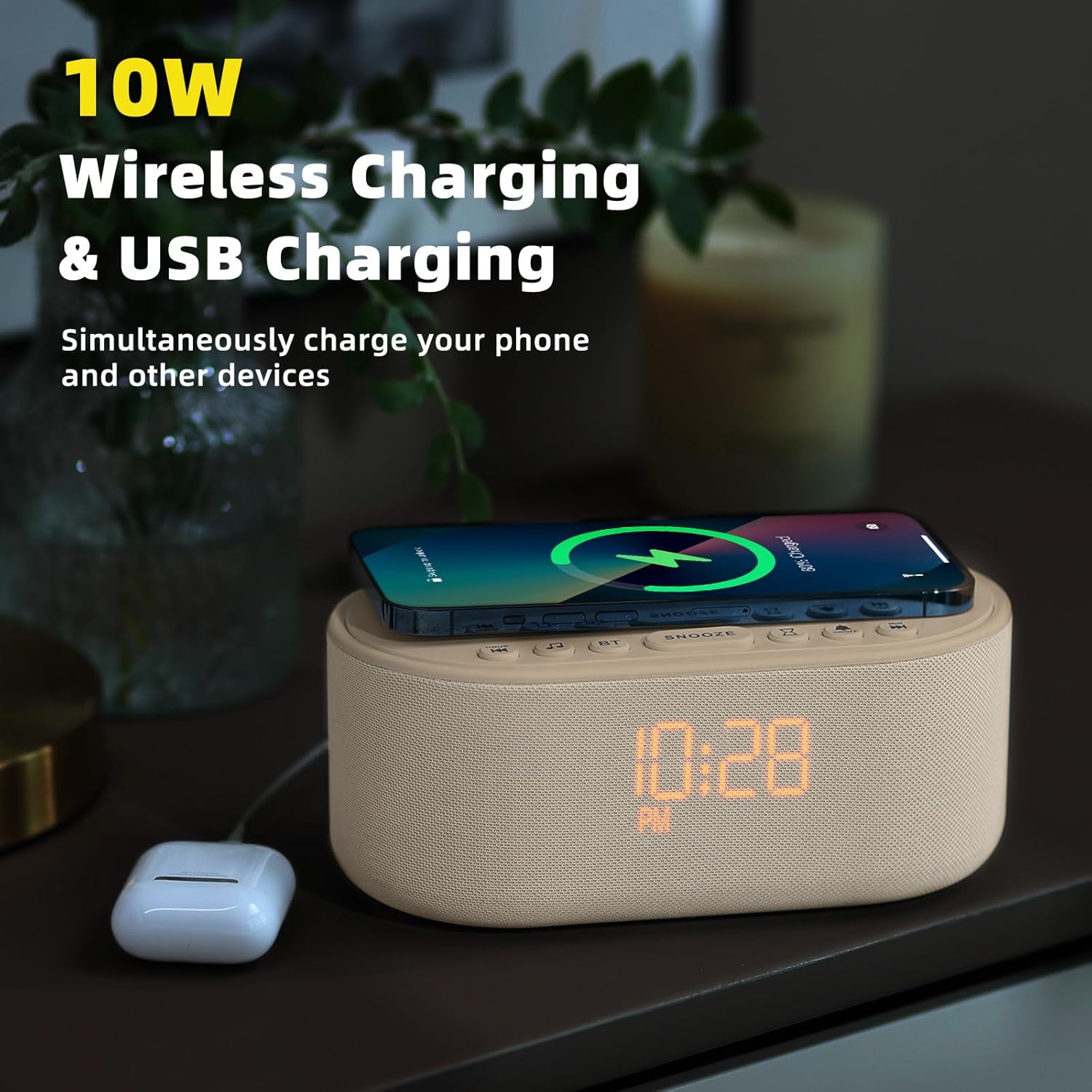 Sound Machine Alarm Clock Wireless Charger: Bluetooth 10W Stereo Sound Speaker Bedroom - White Noise Machine for Sleeping with 21 Soothing Sounds