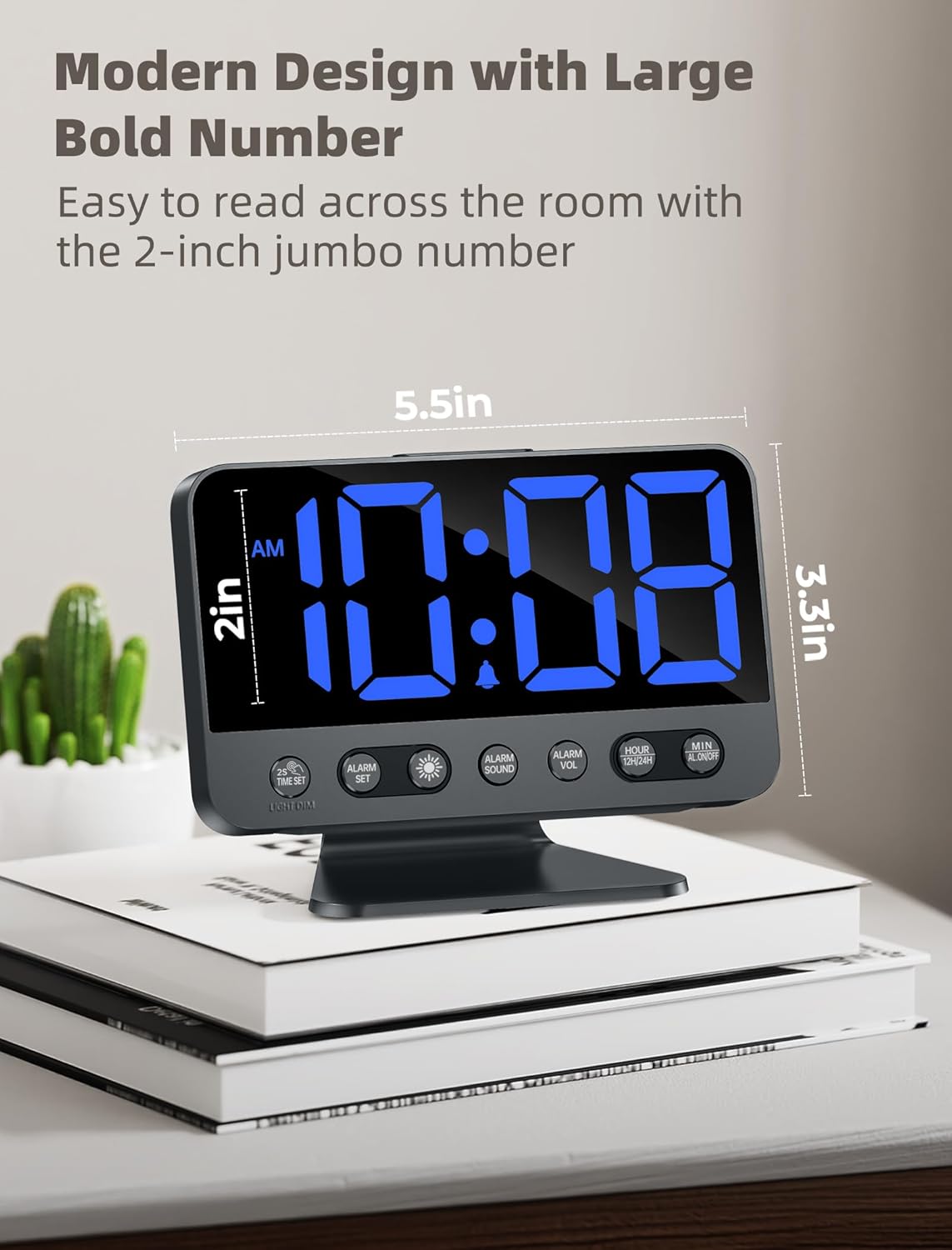 Digital Alarm Clocks for Bedrooms: Large Bold Number 5 Brightness Dimmer - Easy to Read Across The Room - 5 Alarm Sound 8 Night Light - Silver