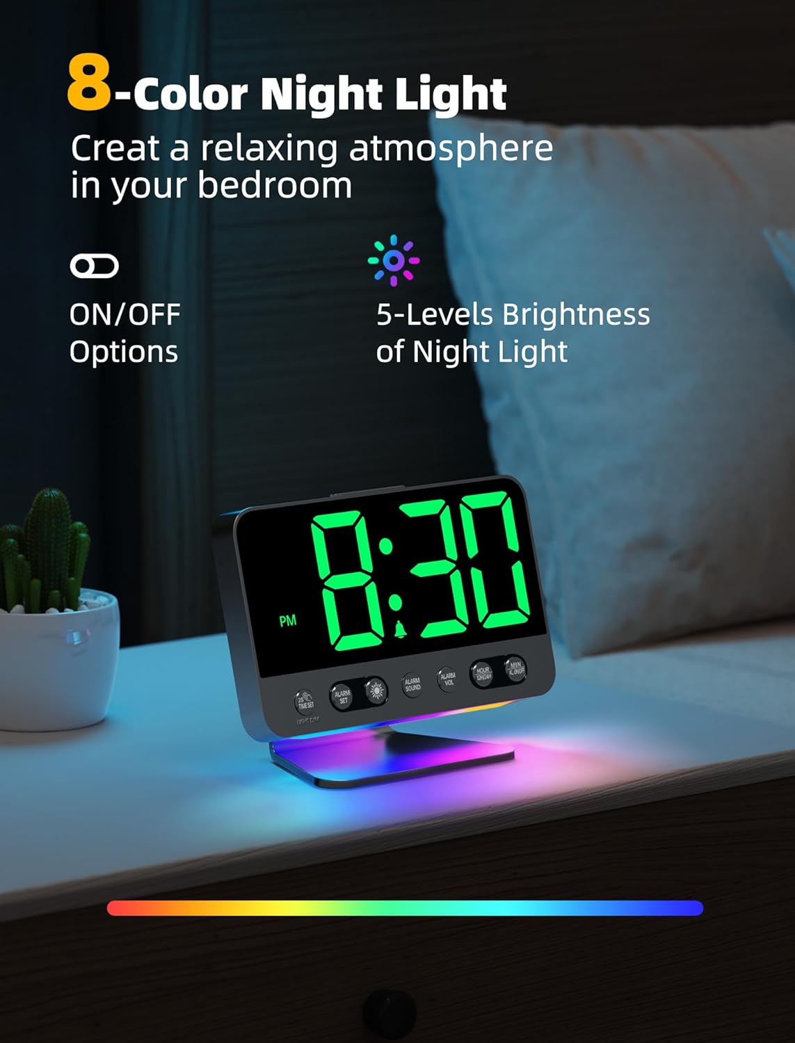 Digital Alarm Clocks for Bedrooms: Large Bold Number 5 Brightness Dimmer - Easy to Read Across The Room - 5 Alarm Sound 8 Night Light - Silver