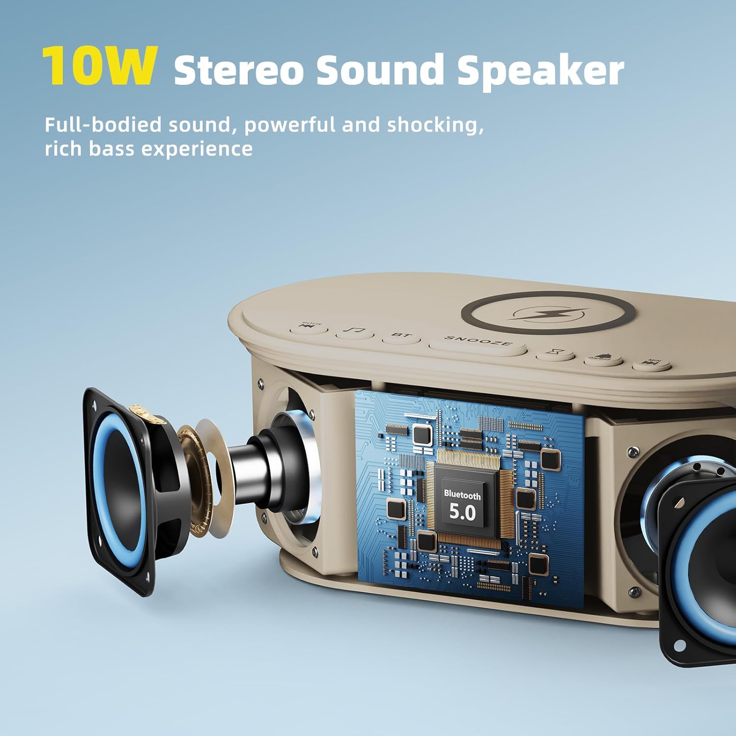 Sound Machine Alarm Clock Wireless Charger: Bluetooth 10W Stereo Sound Speaker Bedroom - White Noise Machine for Sleeping with 21 Soothing Sounds