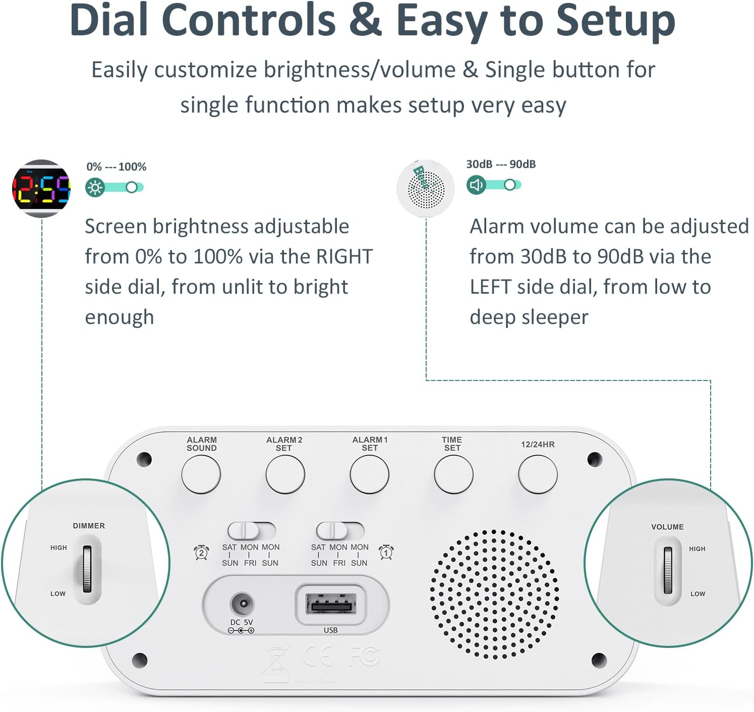 Digital Dual Alarm Clock for Bedroom: RGB Electric Clock with USB Charger for Kids Teens - Dimmable Clock with Weekday Weekend Mode for Bedside Desk