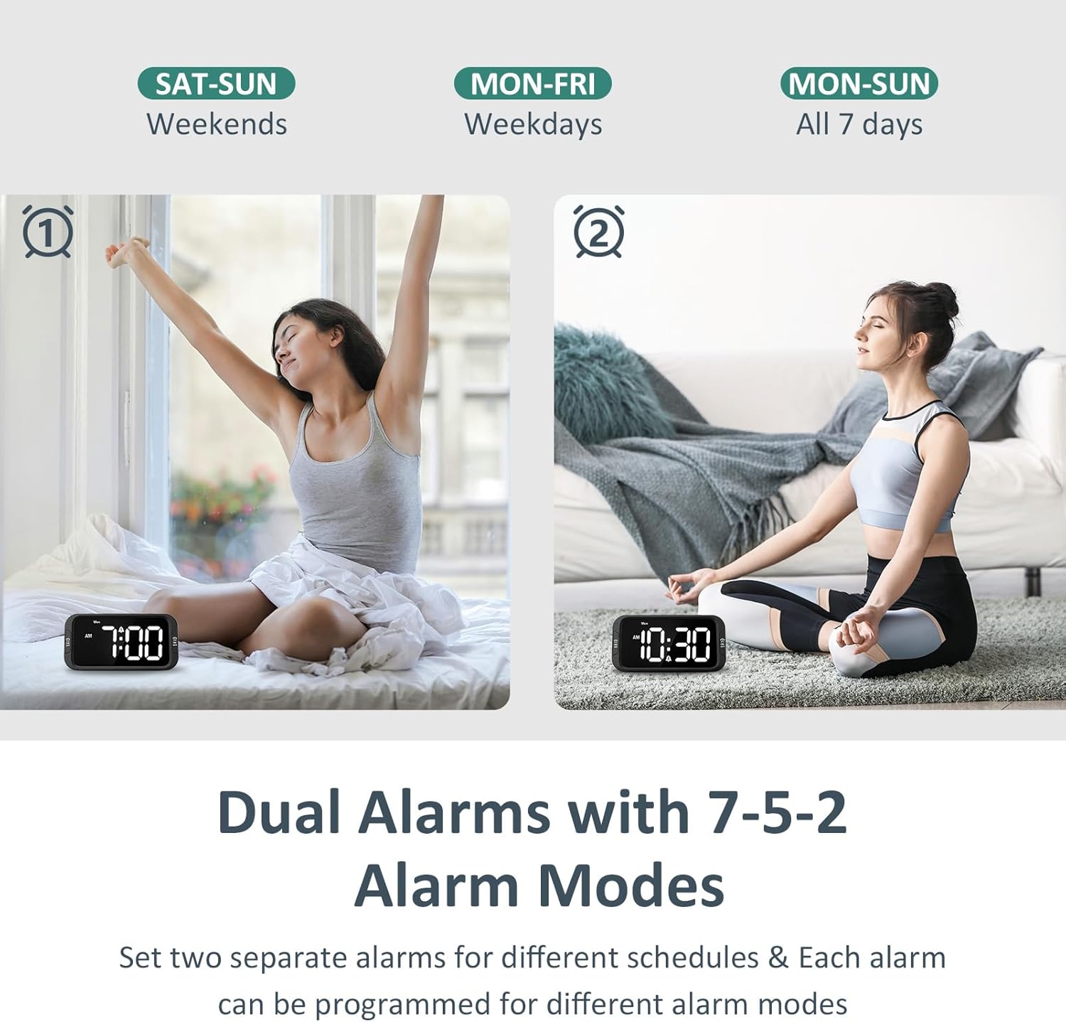 Digital Dual Alarm Clock for Bedroom: RGB Electric Clock with USB Charger for Kids Teens - Dimmable Clock with Weekday Weekend Mode for Bedside Desk