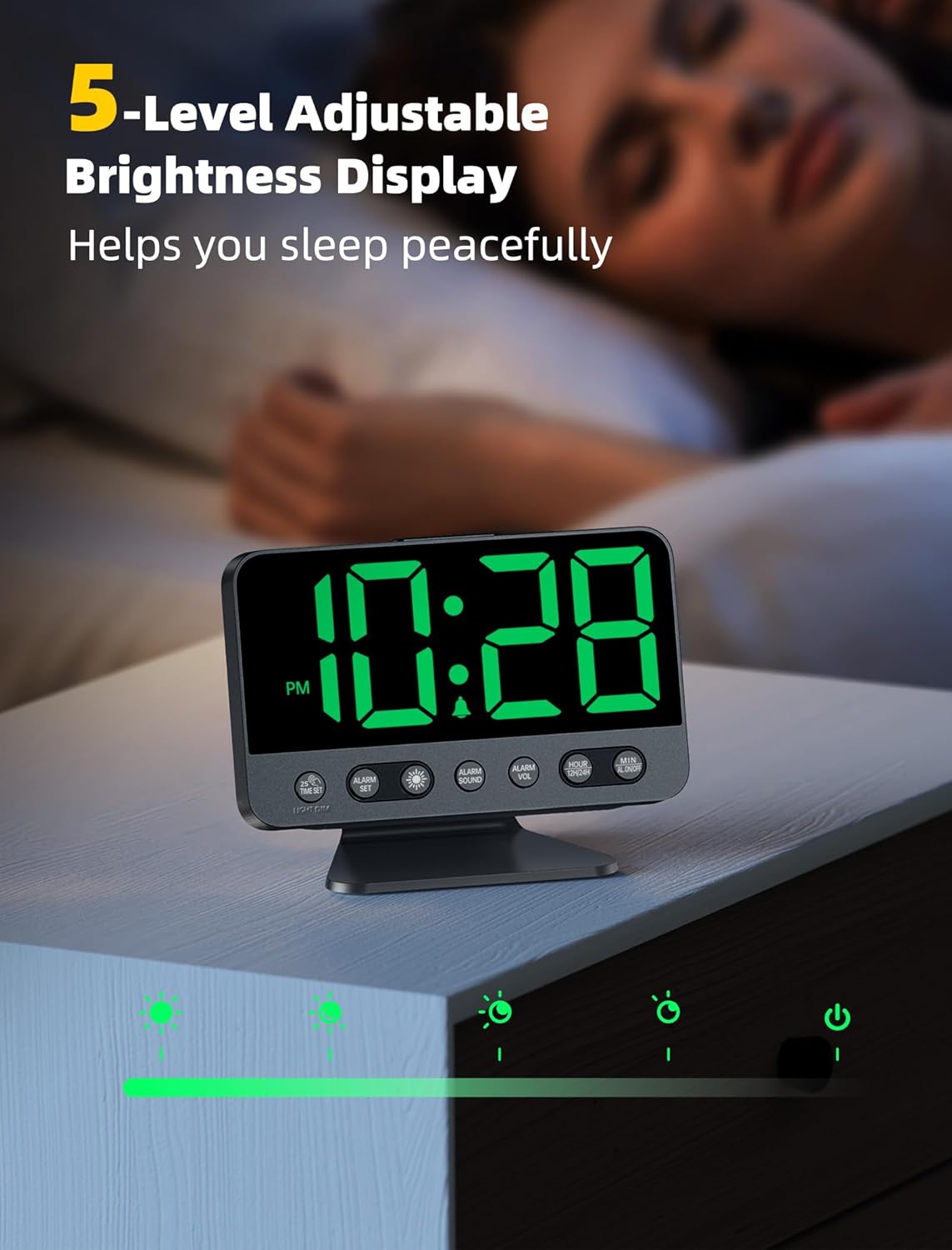 Digital Alarm Clocks for Bedrooms: Large Bold Number 5 Brightness Dimmer - Easy to Read Across The Room - 5 Alarm Sound 8 Night Light - Silver