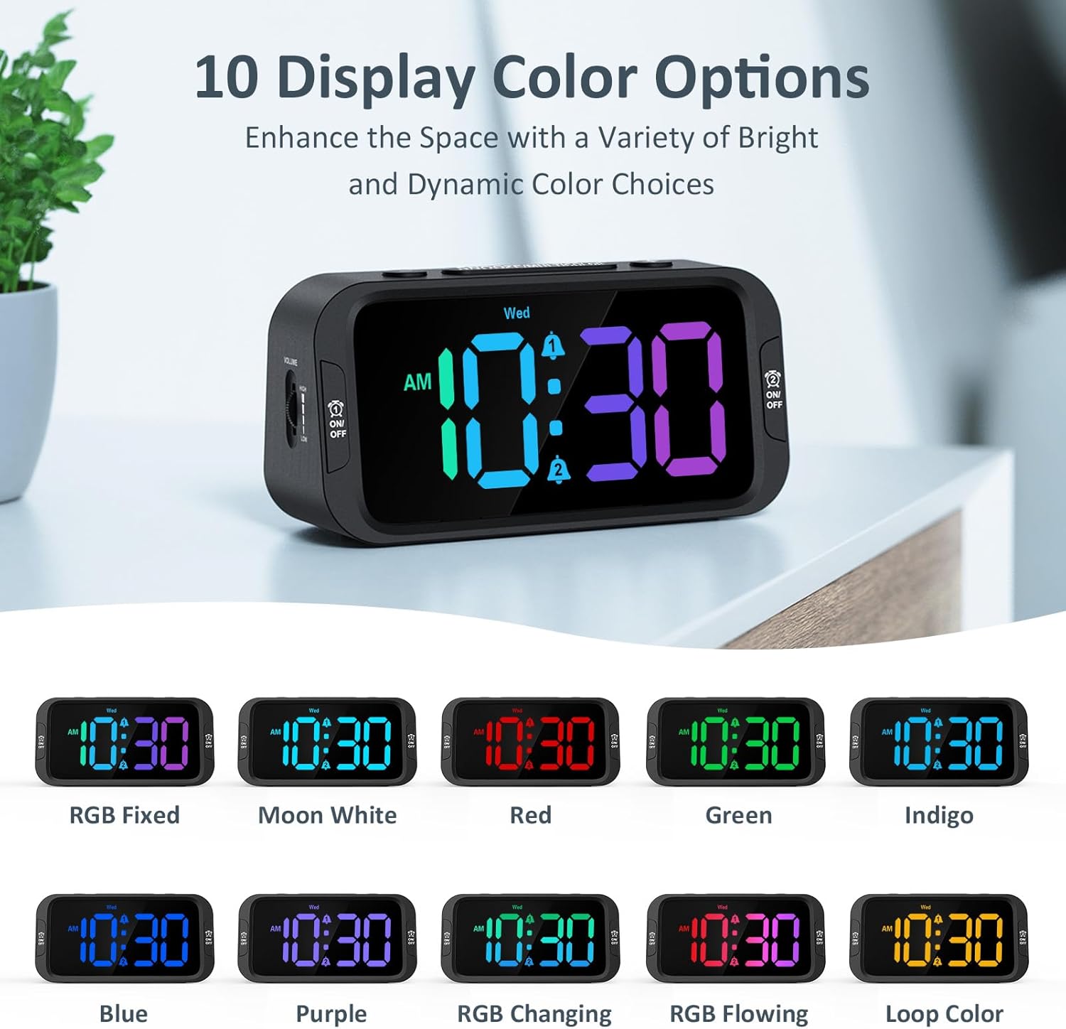 Digital Dual Alarm Clock for Bedroom: RGB Electric Clock with USB Charger for Kids Teens - Dimmable Clock with Weekday Weekend Mode for Bedside Desk