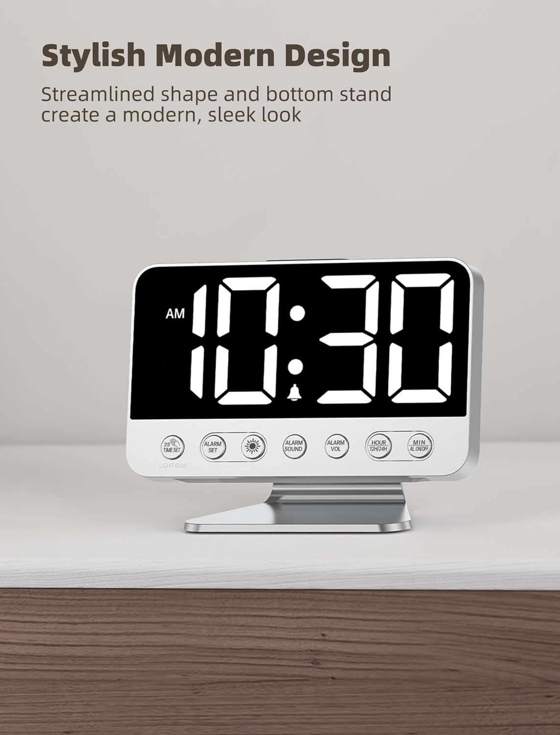 Digital Alarm Clocks for Bedrooms: Large Bold Number 5 Brightness Dimmer - Easy to Read Across The Room - 5 Alarm Sound 8 Night Light - Silver