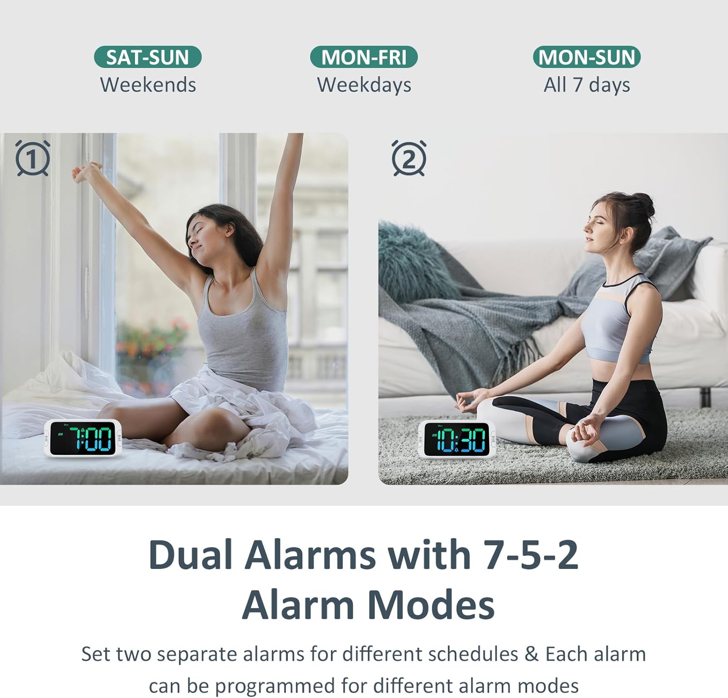 Digital Dual Alarm Clock for Bedroom: RGB Electric Clock with USB Charger for Kids Teens - Dimmable Clock with Weekday Weekend Mode for Bedside Desk