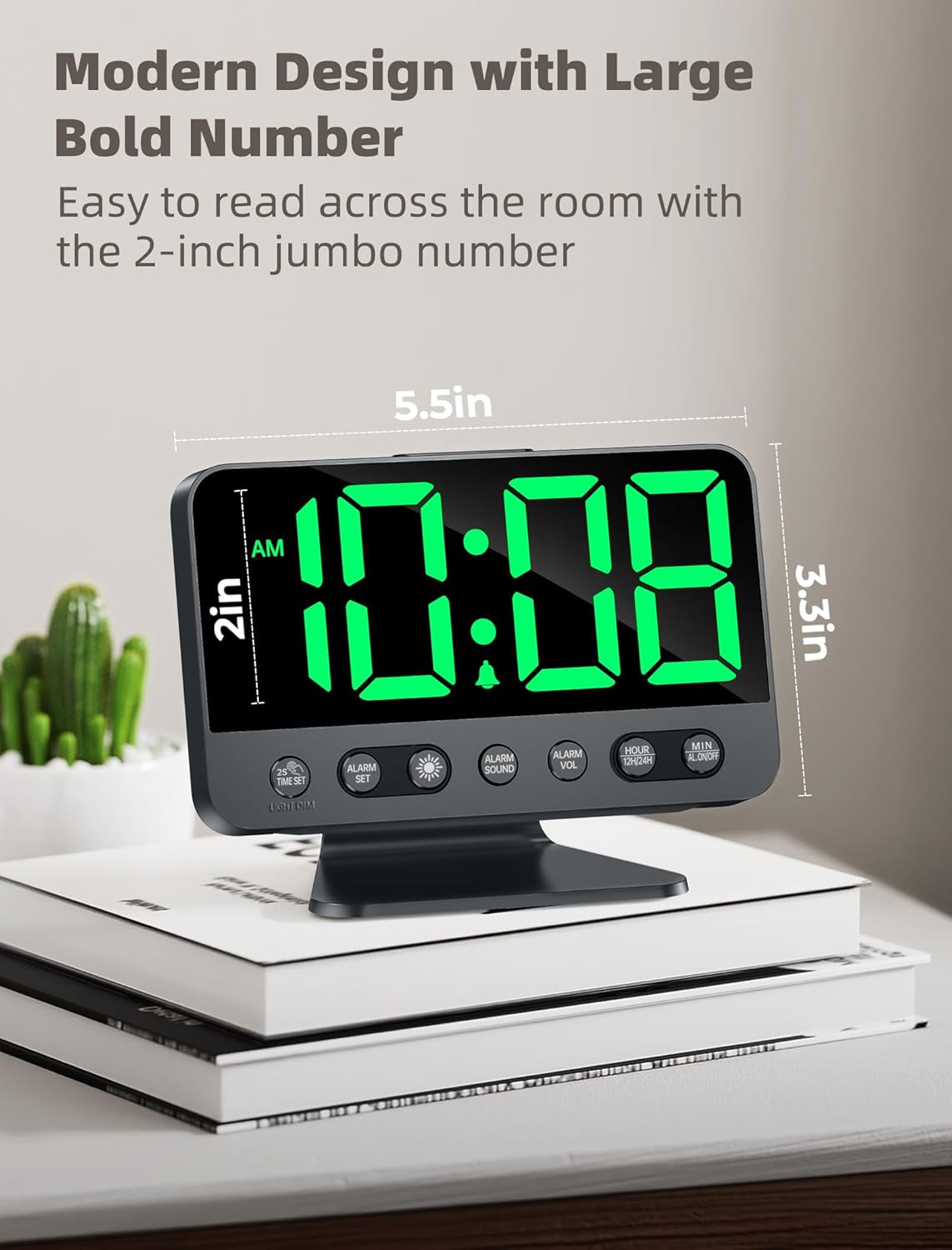 Digital Alarm Clocks for Bedrooms: Large Bold Number 5 Brightness Dimmer - Easy to Read Across The Room - 5 Alarm Sound 8 Night Light - Silver