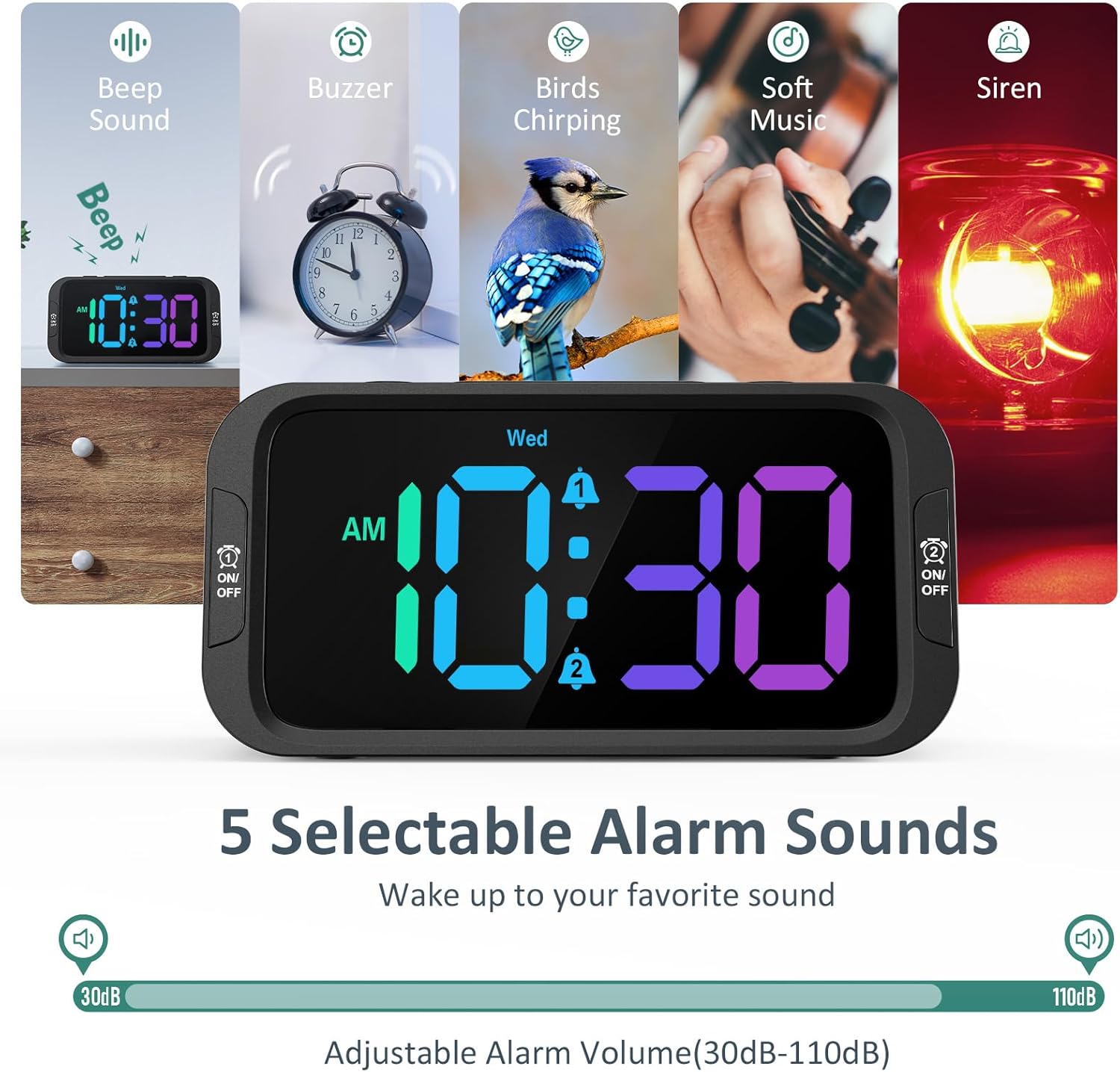 Digital Dual Alarm Clock for Bedroom: RGB Electric Clock with USB Charger for Kids Teens - Dimmable Clock with Weekday Weekend Mode for Bedside Desk