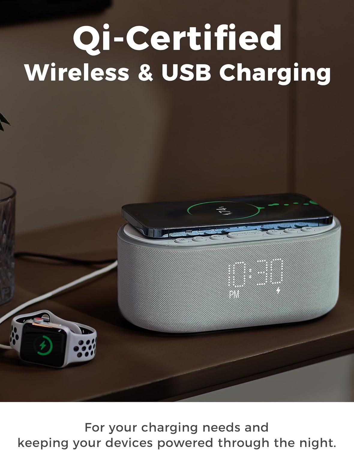 Wireless Charging Alarm Clock Radio: Qi Certified Fast Wireless Charger for iPhone Samsung - 10W Stereo Bluetooth Speaker - Dimmable Digital Clock with FM Radio for Bedroom Gray