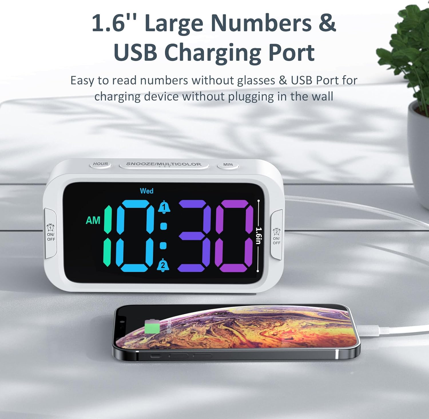 Digital Dual Alarm Clock for Bedroom: RGB Electric Clock with USB Charger for Kids Teens - Dimmable Clock with Weekday Weekend Mode for Bedside Desk