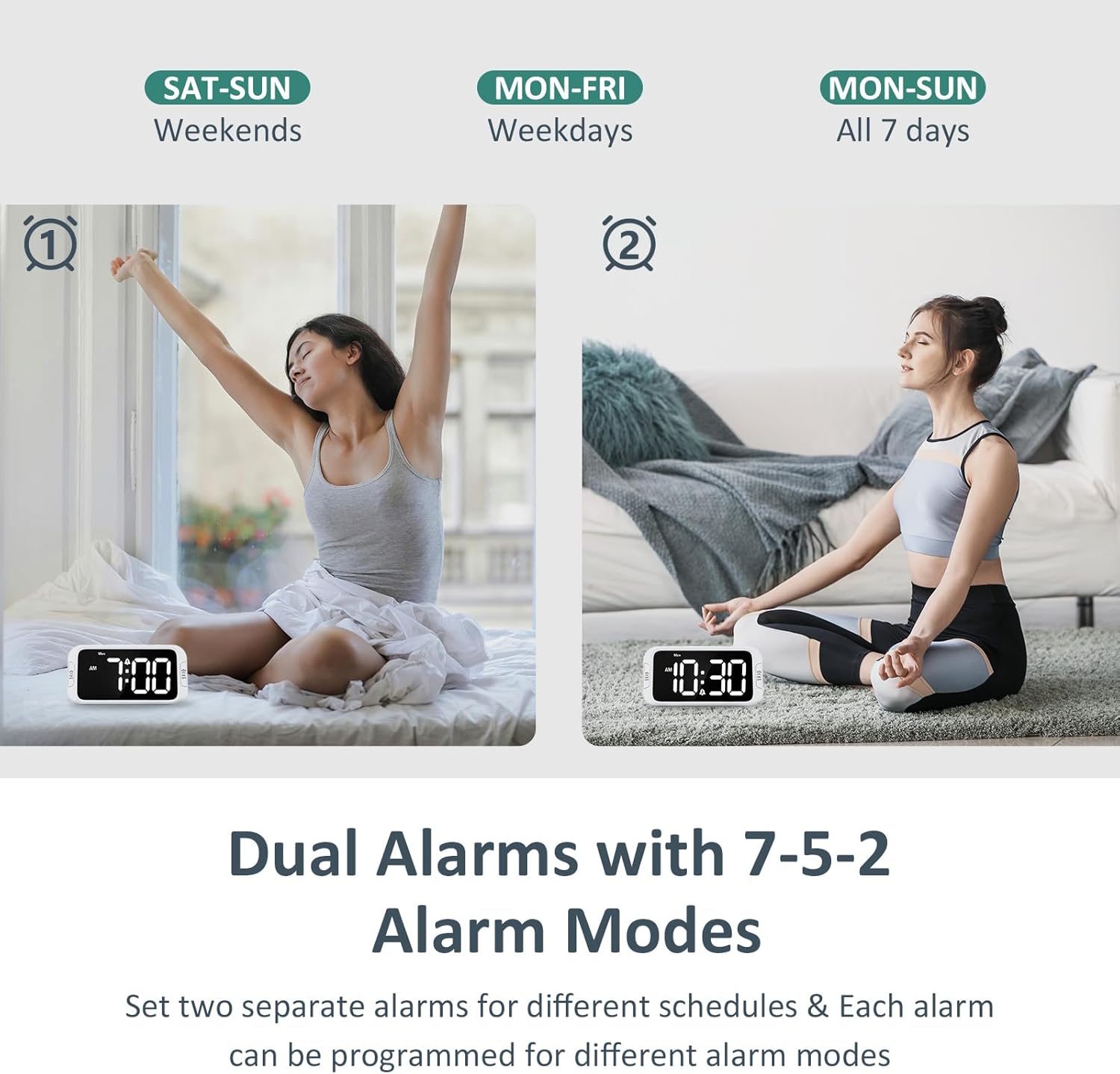 Digital Dual Alarm Clock for Bedroom: RGB Electric Clock with USB Charger for Kids Teens - Dimmable Clock with Weekday Weekend Mode for Bedside Desk