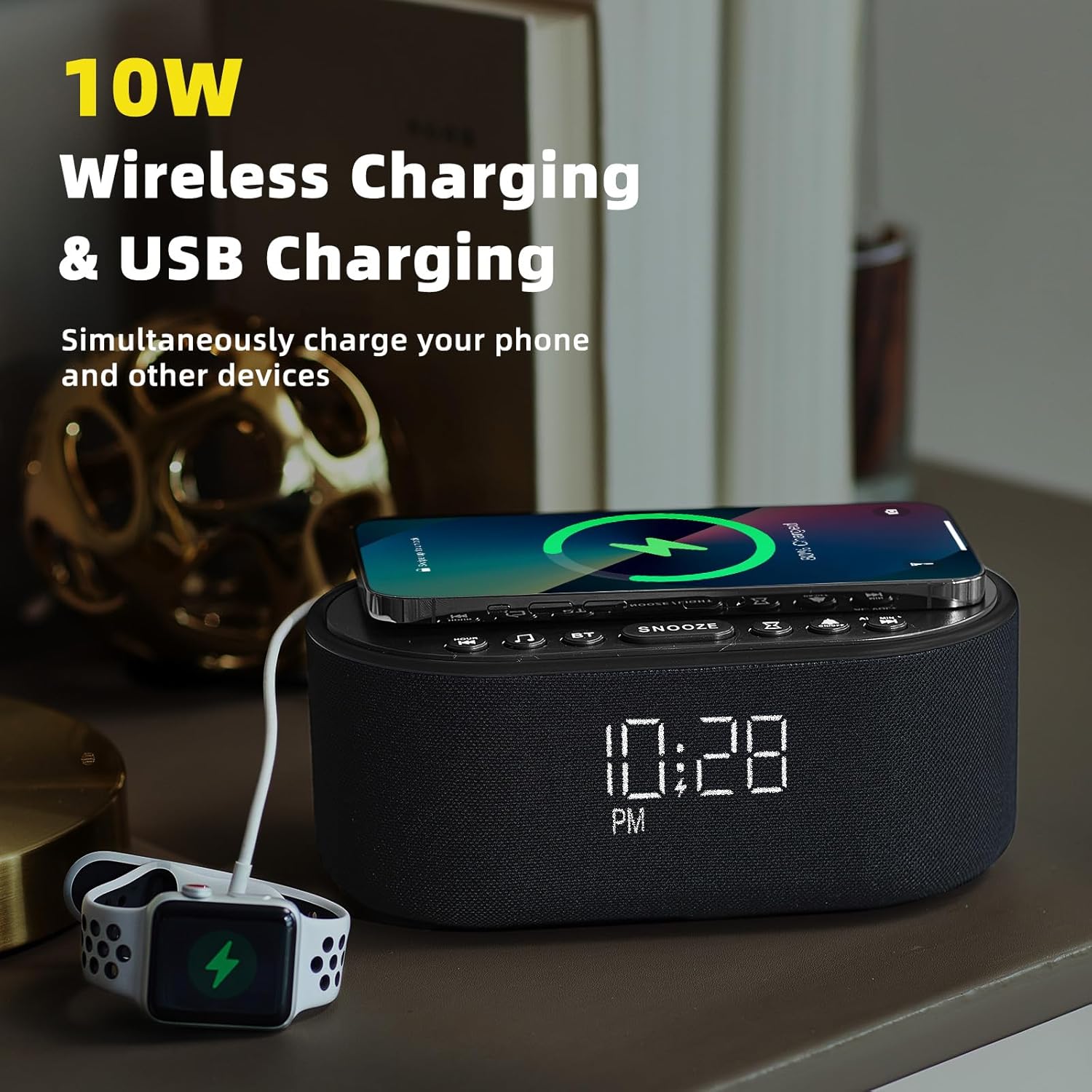 Sound Machine Alarm Clock Wireless Charger: Bluetooth 10W Stereo Sound Speaker Bedroom - White Noise Machine for Sleeping with 21 Soothing Sounds