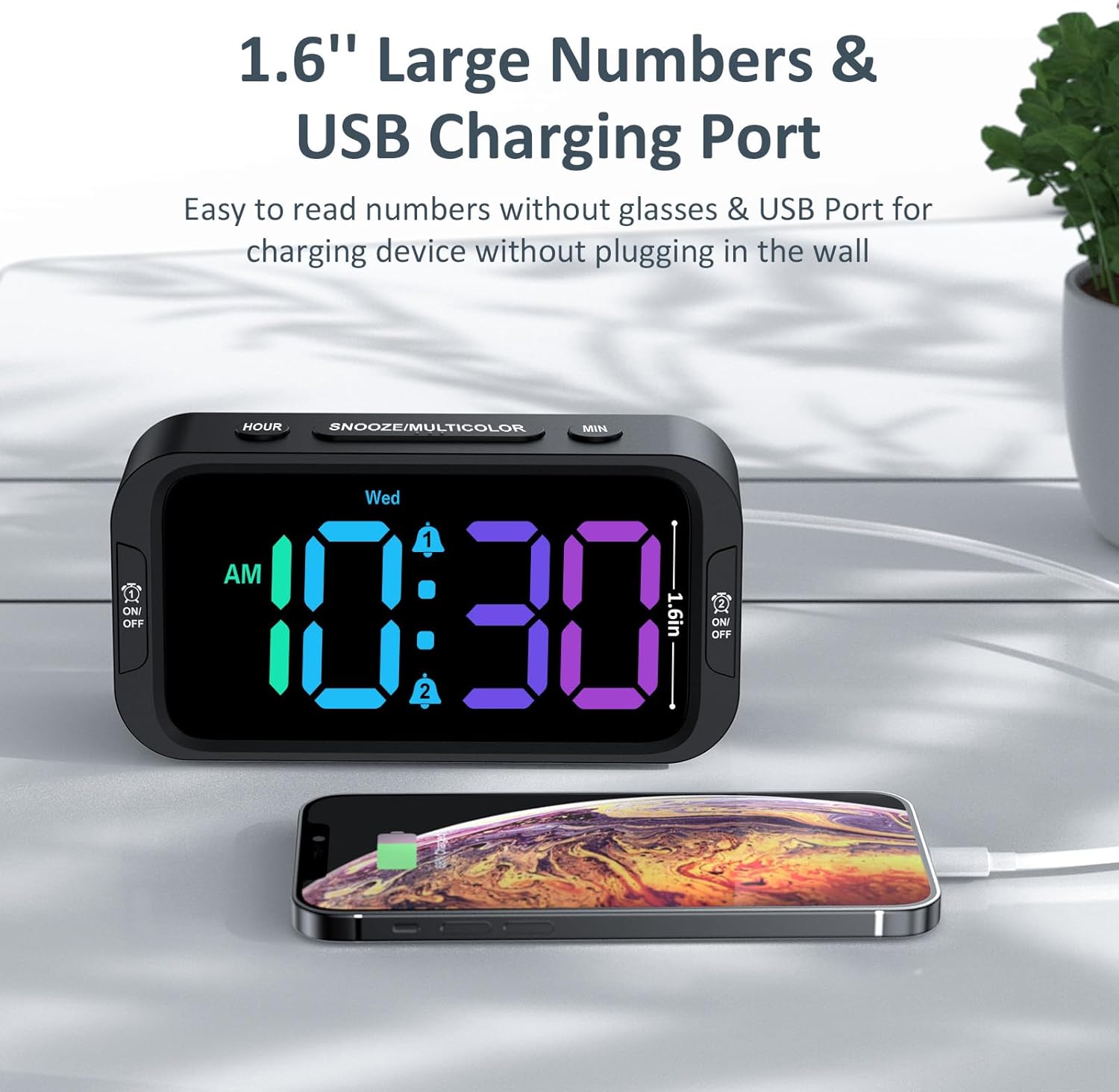Digital Dual Alarm Clock for Bedroom: RGB Electric Clock with USB Charger for Kids Teens - Dimmable Clock with Weekday Weekend Mode for Bedside Desk