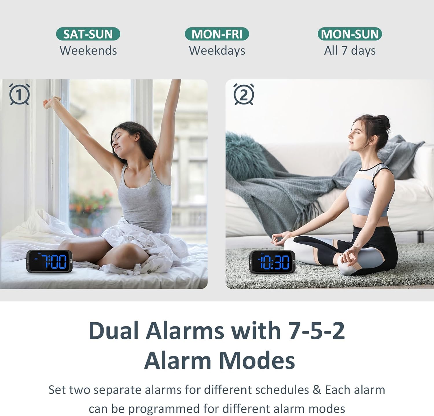 Digital Dual Alarm Clock for Bedroom: RGB Electric Clock with USB Charger for Kids Teens - Dimmable Clock with Weekday Weekend Mode for Bedside Desk