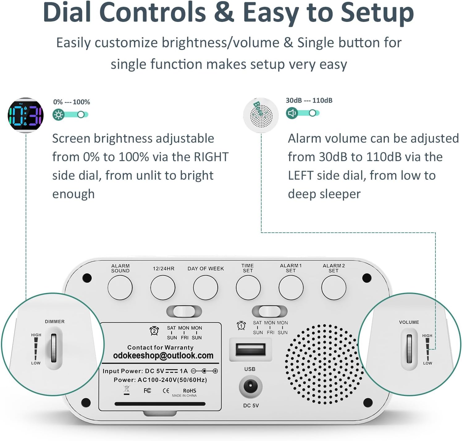 Digital Dual Alarm Clock for Bedroom: RGB Electric Clock with USB Charger for Kids Teens - Dimmable Clock with Weekday Weekend Mode for Bedside Desk