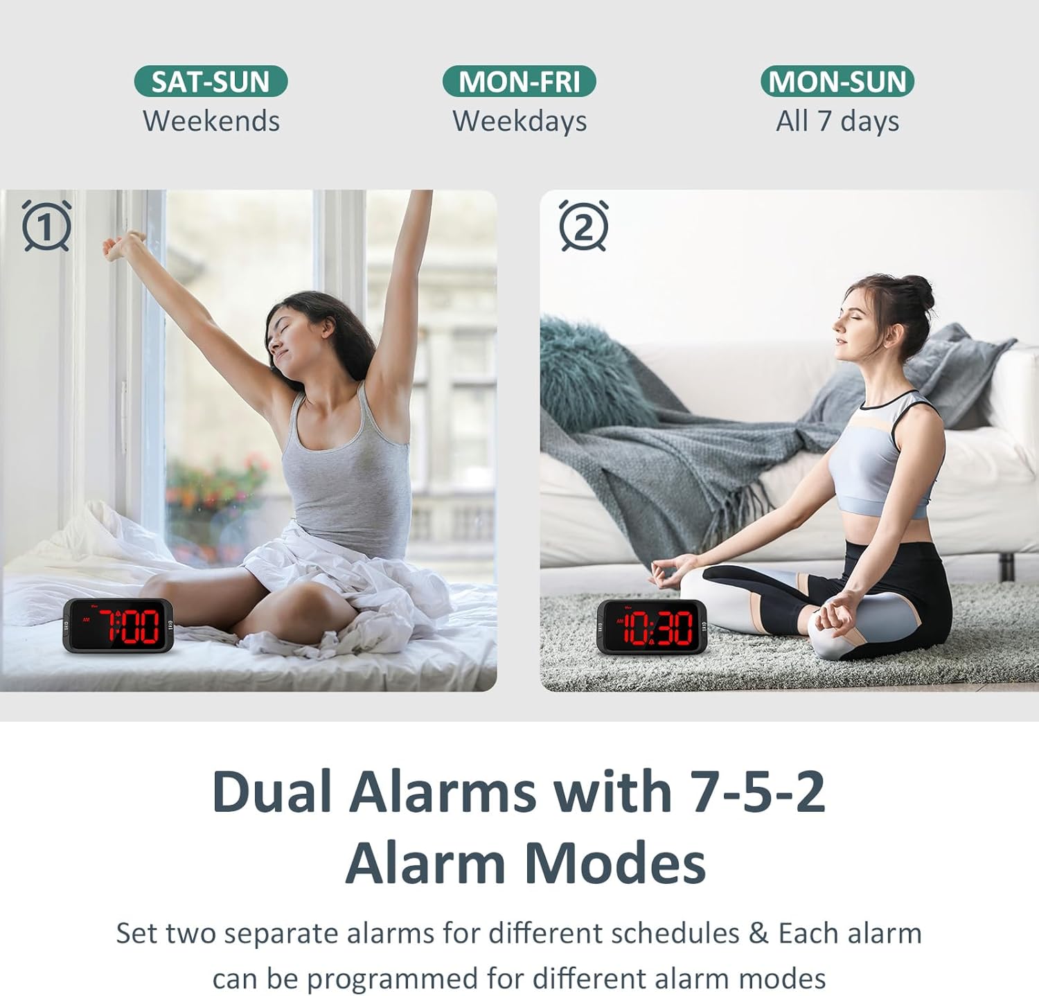 Digital Dual Alarm Clock for Bedroom: RGB Electric Clock with USB Charger for Kids Teens - Dimmable Clock with Weekday Weekend Mode for Bedside Desk