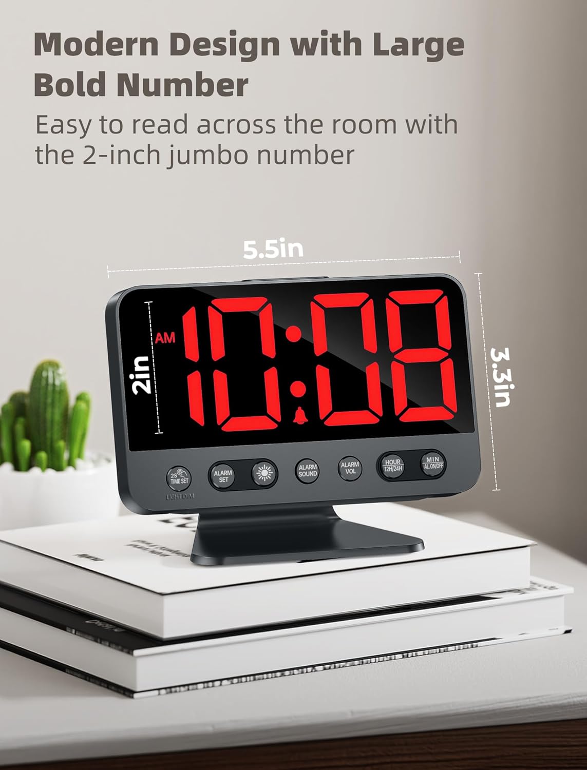 Digital Alarm Clocks for Bedrooms: Large Bold Number 5 Brightness Dimmer - Easy to Read Across The Room - 5 Alarm Sound 8 Night Light - Silver