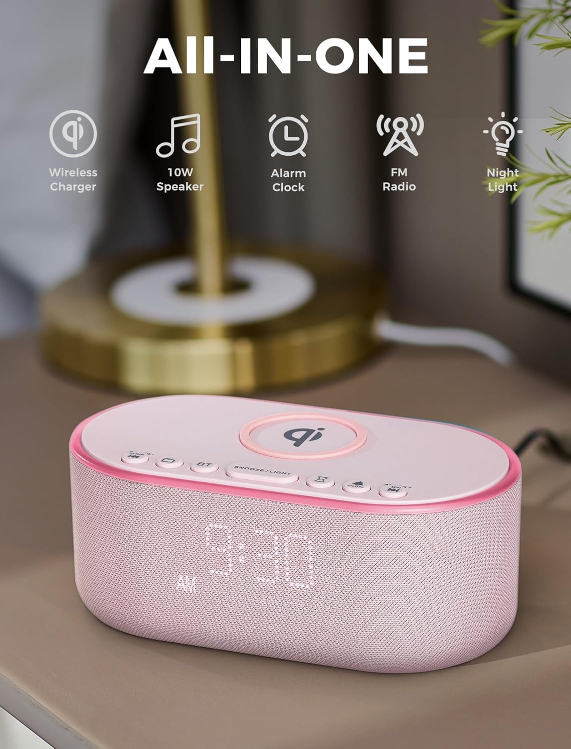 Wireless Charging Alarm Clock Radio: Qi Certified Fast Wireless Charger for iPhone Samsung - 10W Stereo Bluetooth Speaker - Dimmable Digital Clock with FM Radio for Bedroom Gray