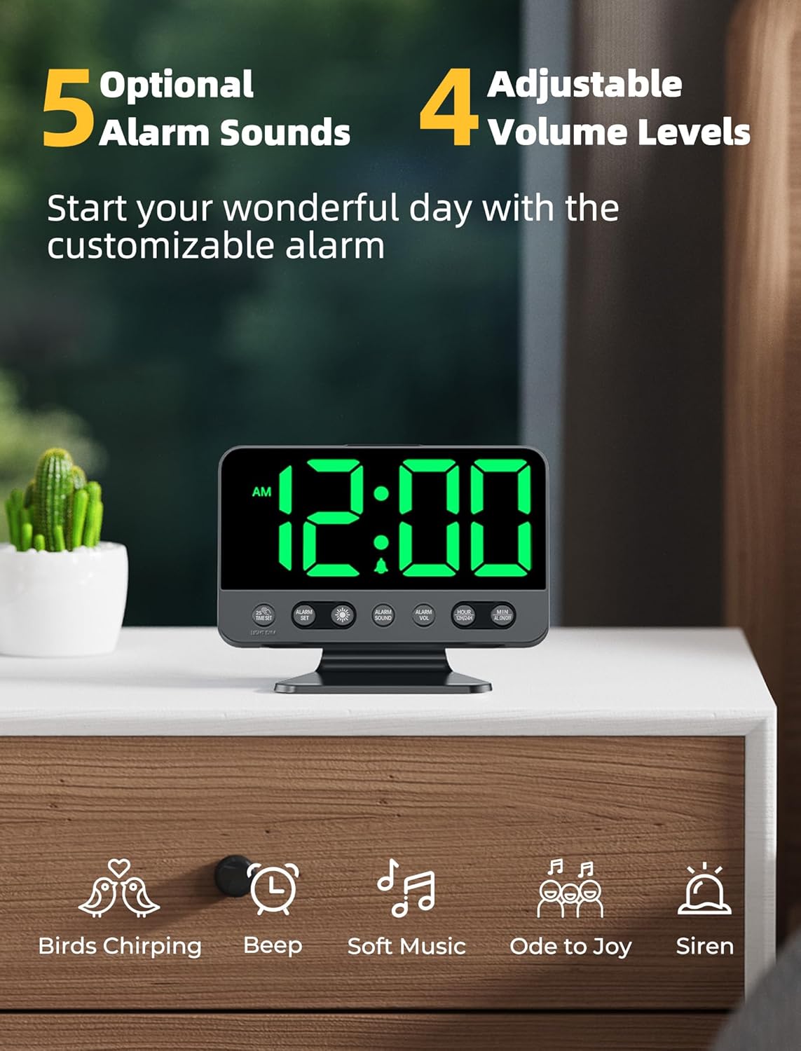 Digital Alarm Clocks for Bedrooms: Large Bold Number 5 Brightness Dimmer - Easy to Read Across The Room - 5 Alarm Sound 8 Night Light - Silver