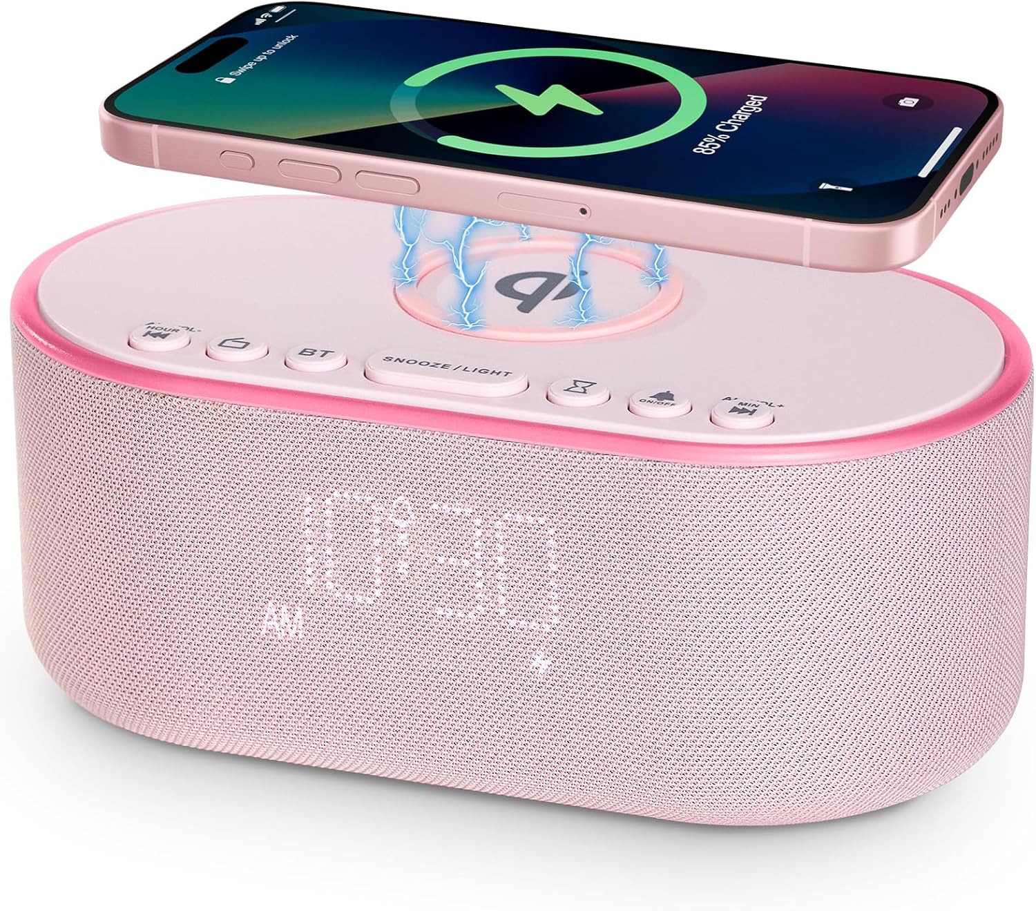 Wireless Charging Alarm Clock Radio: Qi Certified Fast Wireless Charger for iPhone Samsung - 10W Stereo Bluetooth Speaker - Dimmable Digital Clock with FM Radio for Bedroom Gray