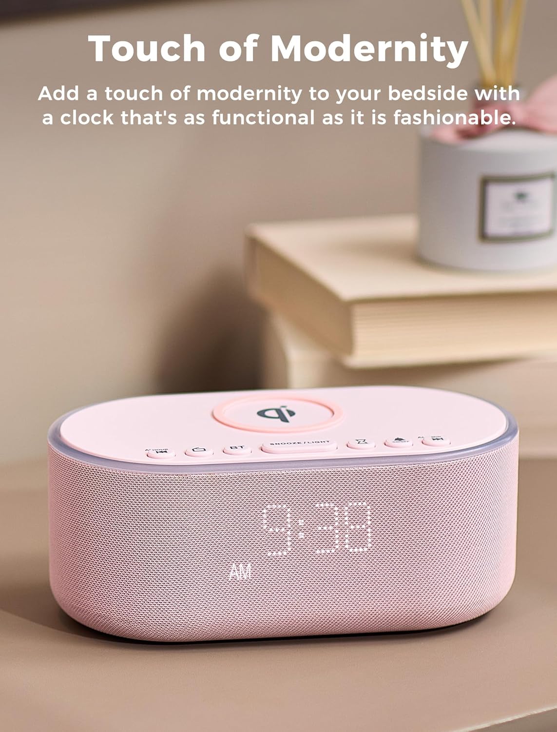 Wireless Charging Alarm Clock Radio: Qi Certified Fast Wireless Charger for iPhone Samsung - 10W Stereo Bluetooth Speaker - Dimmable Digital Clock with FM Radio for Bedroom Gray
