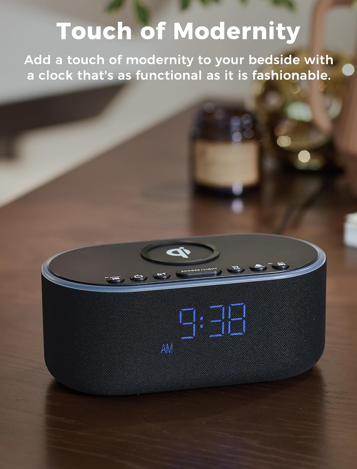 Wireless Charging Alarm Clock Radio: Qi Certified Fast Wireless Charger for iPhone Samsung - 10W Stereo Bluetooth Speaker - Dimmable Digital Clock with FM Radio for Bedroom Gray