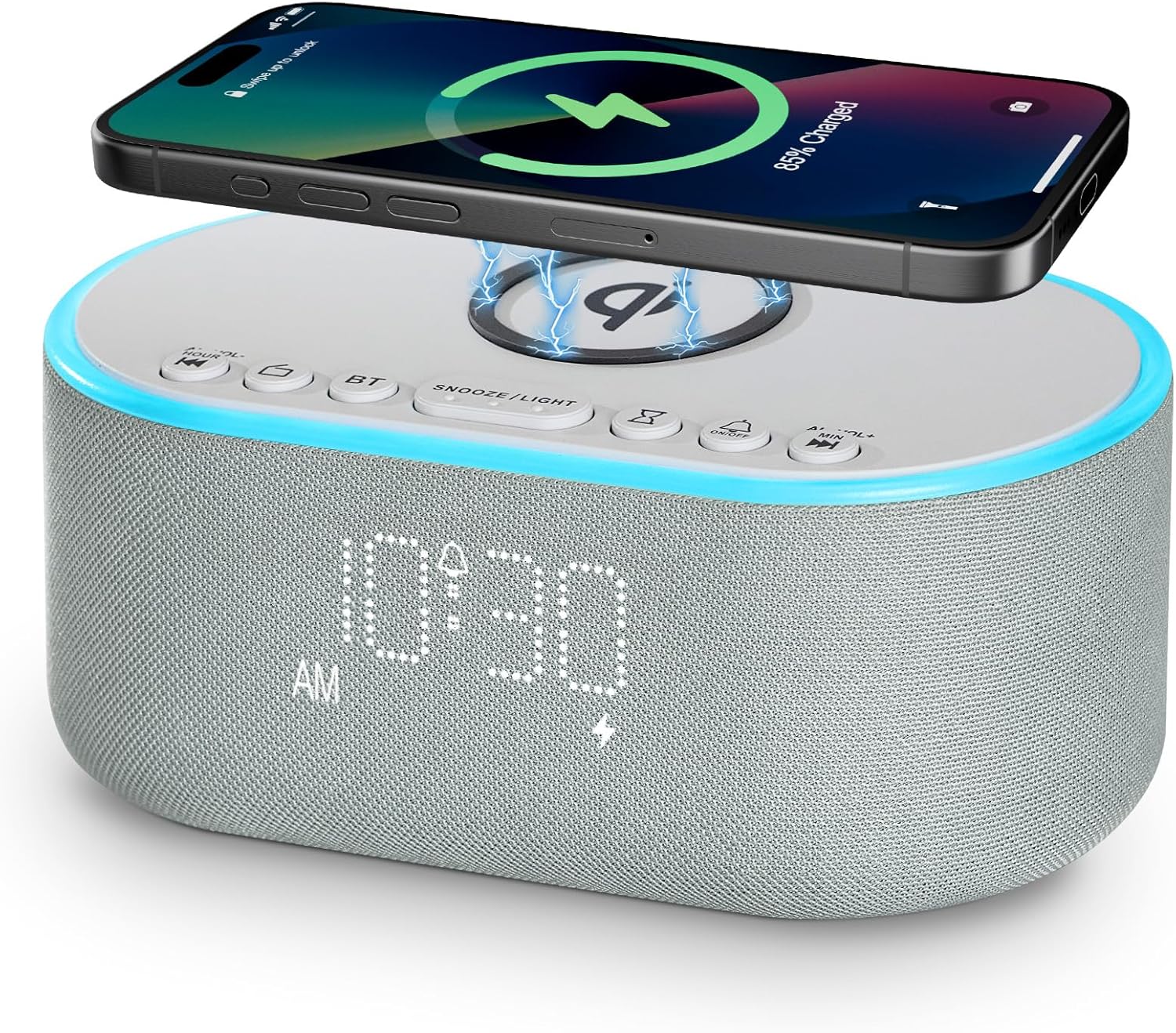 Wireless Charging Alarm Clock Radio: Qi Certified Fast Wireless Charger for iPhone Samsung - 10W Stereo Bluetooth Speaker - Dimmable Digital Clock with FM Radio for Bedroom Gray