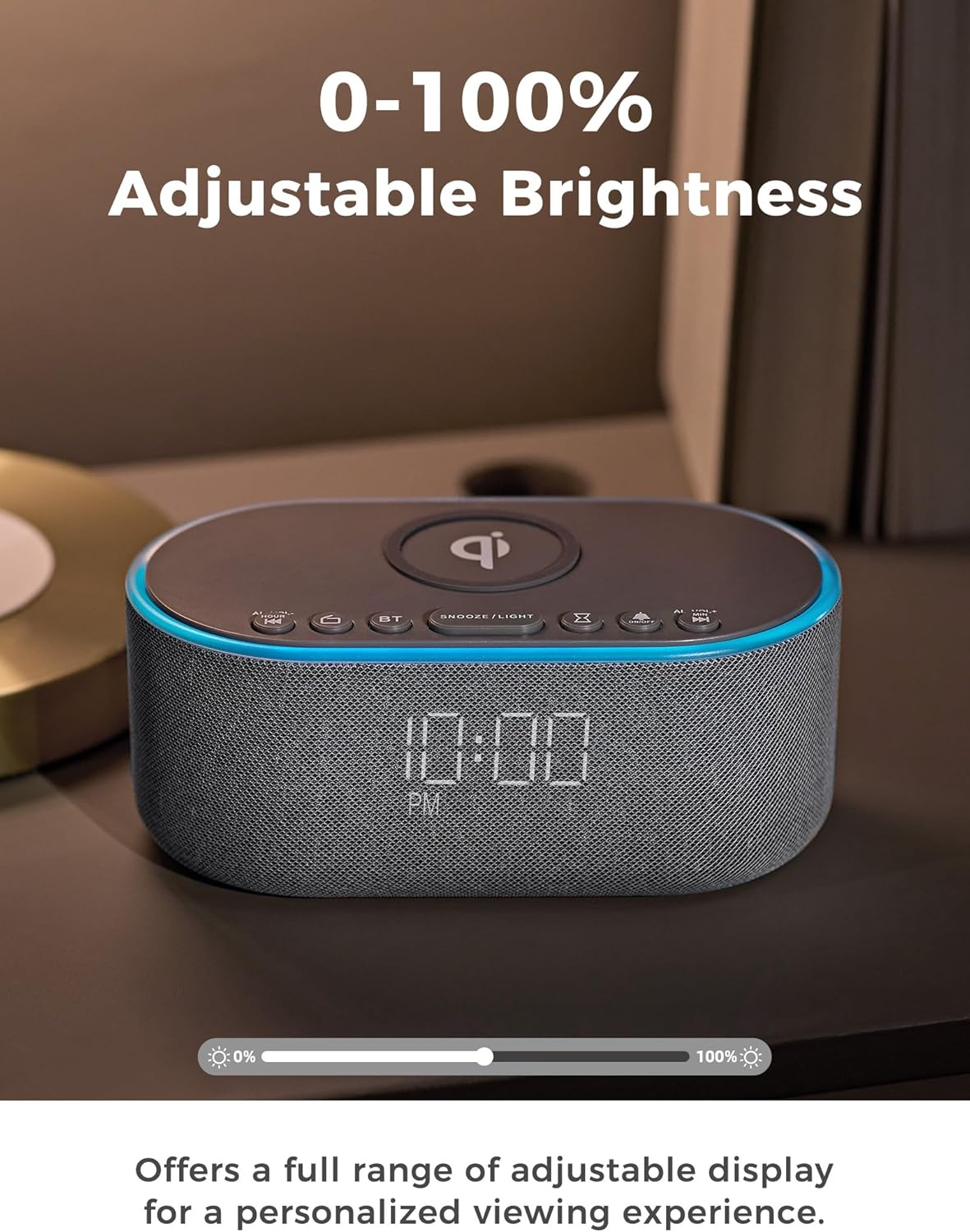 Wireless Charging Alarm Clock Radio: Qi Certified Fast Wireless Charger for iPhone Samsung - 10W Stereo Bluetooth Speaker - Dimmable Digital Clock with FM Radio for Bedroom Gray