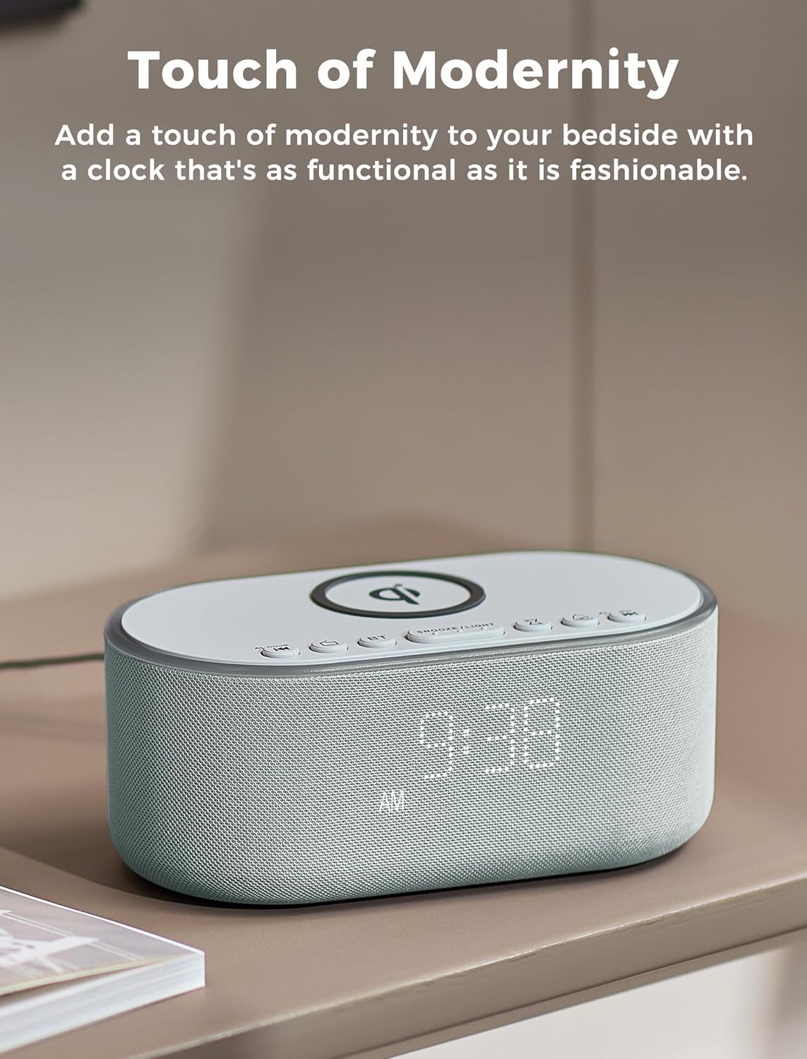 Wireless Charging Alarm Clock Radio: Qi Certified Fast Wireless Charger for iPhone Samsung - 10W Stereo Bluetooth Speaker - Dimmable Digital Clock with FM Radio for Bedroom Gray