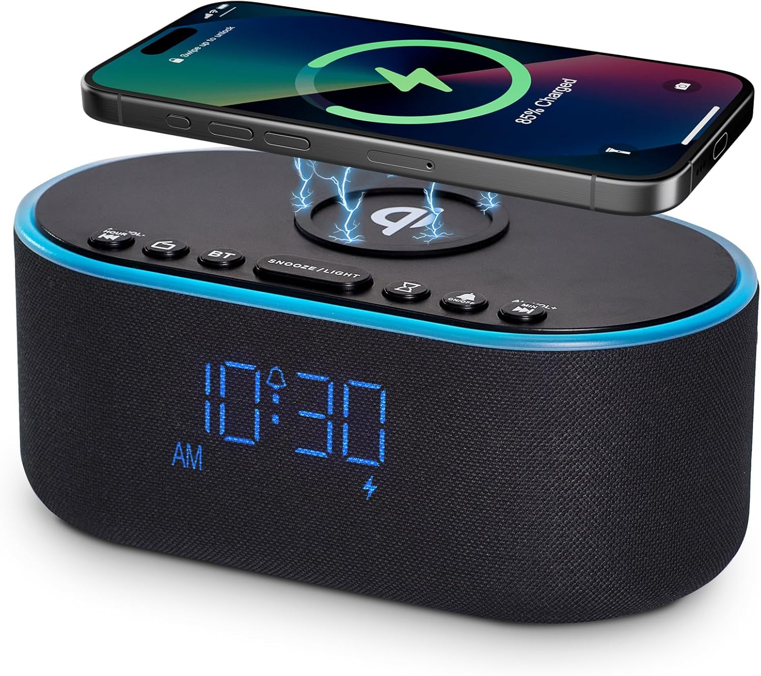 Wireless Charging Alarm Clock Radio: Qi Certified Fast Wireless Charger for iPhone Samsung - 10W Stereo Bluetooth Speaker - Dimmable Digital Clock with FM Radio for Bedroom Gray