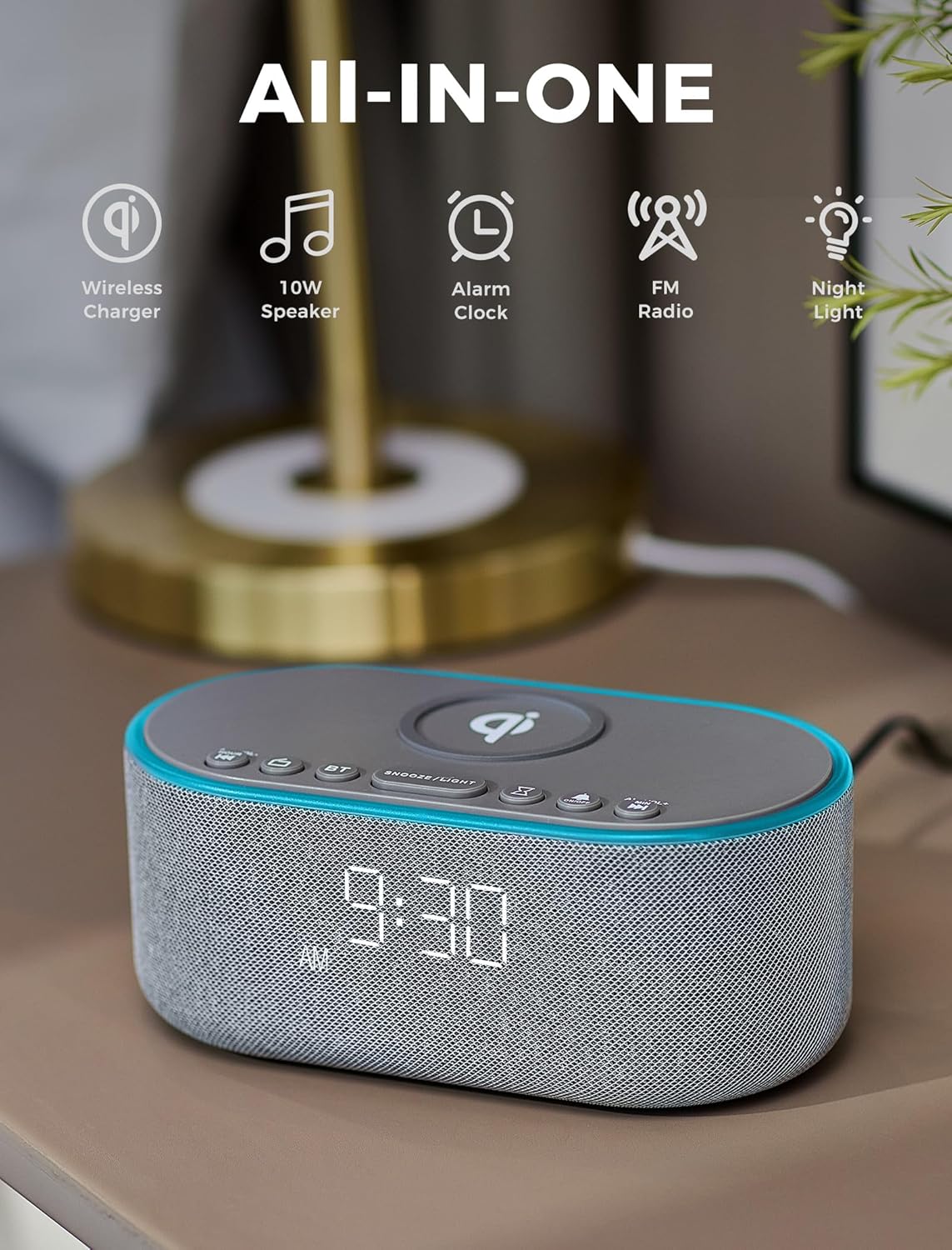 Wireless Charging Alarm Clock Radio: Qi Certified Fast Wireless Charger for iPhone Samsung - 10W Stereo Bluetooth Speaker - Dimmable Digital Clock with FM Radio for Bedroom Black
