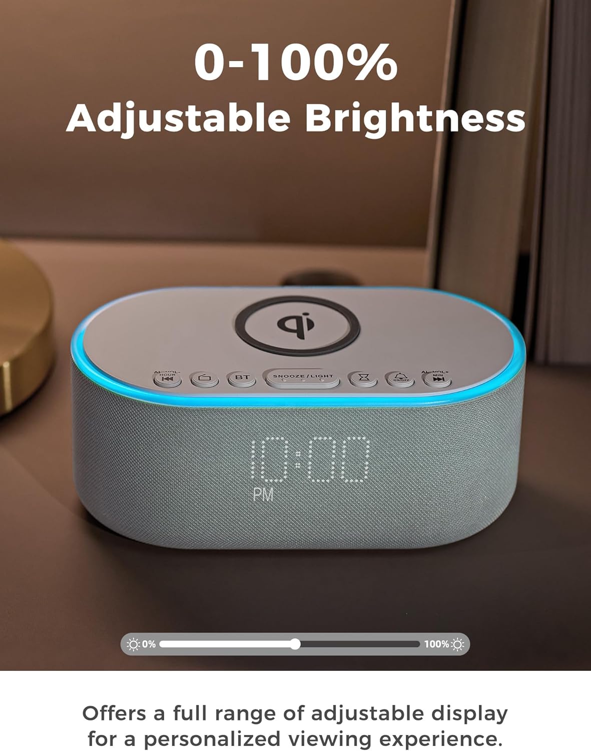 Wireless Charging Alarm Clock Radio: Qi Certified Fast Wireless Charger for iPhone Samsung - 10W Stereo Bluetooth Speaker - Dimmable Digital Clock with FM Radio for Bedroom Gray