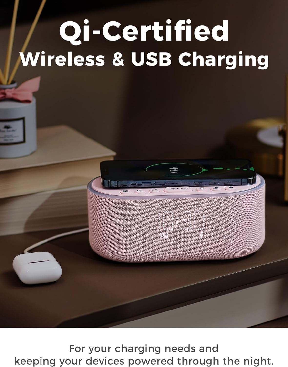 Wireless Charging Alarm Clock Radio: Qi Certified Fast Wireless Charger for iPhone Samsung - 10W Stereo Bluetooth Speaker - Dimmable Digital Clock with FM Radio for Bedroom Gray