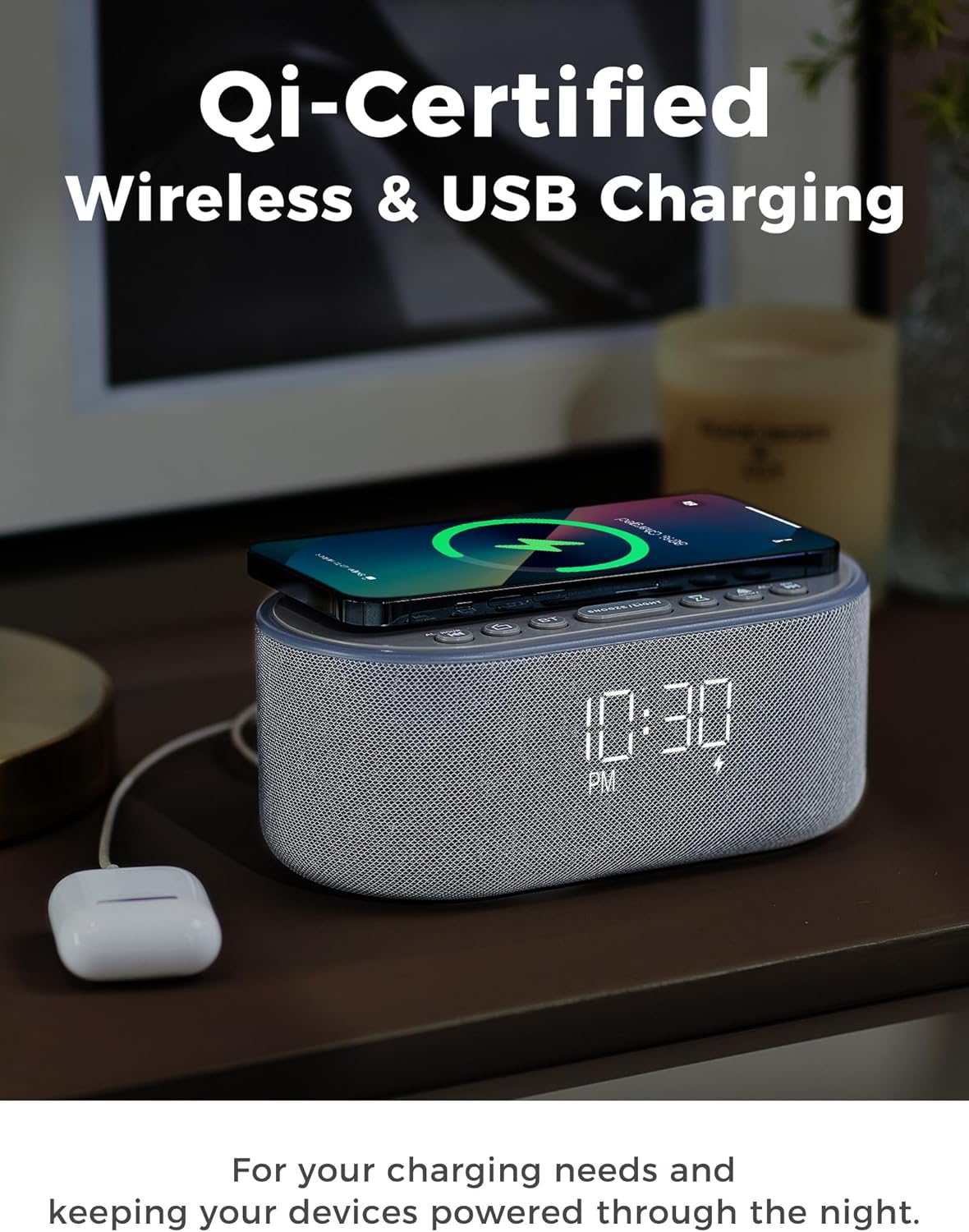 Wireless Charging Alarm Clock Radio: Qi Certified Fast Wireless Charger for iPhone Samsung - 10W Stereo Bluetooth Speaker - Dimmable Digital Clock with FM Radio for Bedroom Black